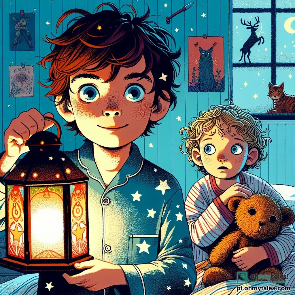 Um menino de 10 anos, Tomás, está no centro da imagem, com cabelos castanhos bagunçados e olhos brilhantes de curiosidade. Ele usa um pijama azul com estrelas brancas e segura uma lanterna colorida que ilumina seu rosto, revelando uma expressão de coragem misturada com leve nervosismo. Ao seu lado, sua irmã Sofia, uma menina de 7 anos com cabelos loiros e cacheados, olha com olhos arregalados, segurando um bichinho de pelúcia nos braços e se aconchegando contra seu irmão. O cenário se passa no quarto deles, com as paredes pintadas de azul claro, decoradas com pôsteres de animais e constelações. A luz da lanterna projeta sombras dançantes nas paredes, criando uma atmosfera mágica e ligeiramente inquietante. A situação principal mostra Tomás e Sofia prontos para enfrentar seus medos, enquanto exploram seu quarto mergulhado na escuridão, iluminado apenas pela suave luz da lanterna, simbolizando sua coragem diante do medo do escuro.