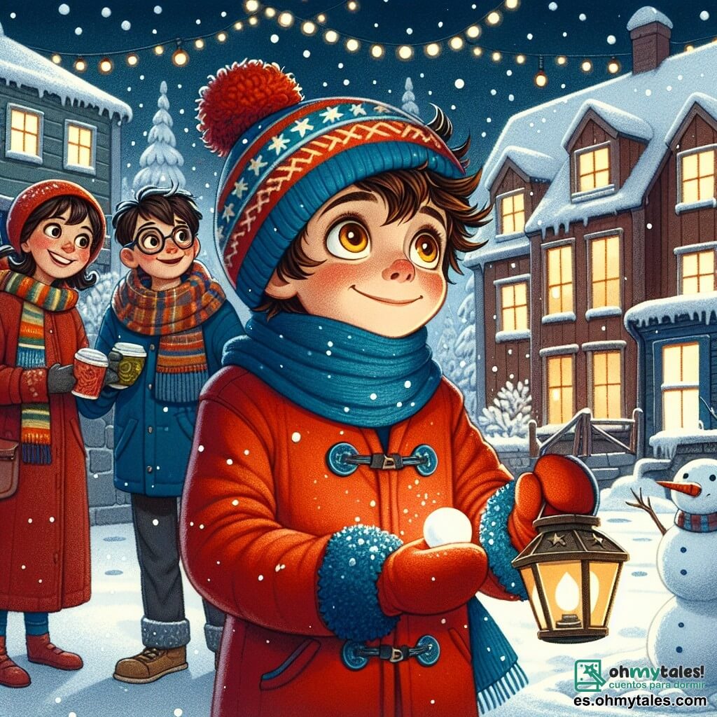 Un niño de 11 años, llamado Tomás, está en el centro de la imagen, con cabello castaño desordenado y ojos llenos de curiosidad. Lleva un abrigo rojo brillante, un gorro de lana azul y guantes a juego, sosteniendo una linterna decorada con dibujos de estrellas. Su rostro expresa asombro y alegría mientras observa los copos de nieve caer a su alrededor. A su lado, su madre, una mujer de unos 35 años con cabello castaño y una bufanda colorida, sonríe tiernamente a Tomás, sosteniendo una taza de chocolate caliente. En el fondo, un amigo de Tomás, Luis, también de 11 años, con gafas y cabello negro, se divierte haciendo un muñeco de nieve. El lugar es una calle pintoresca de un pequeño pueblo, con casas de madera cubiertas de nieve y adornadas con luces brillantes. La escena muestra a Tomás y sus amigos disfrutando de la magia del invierno, celebrando la Noche de las Linternas, rodeados de nieve y risas en el aire fresco y puro del invierno.