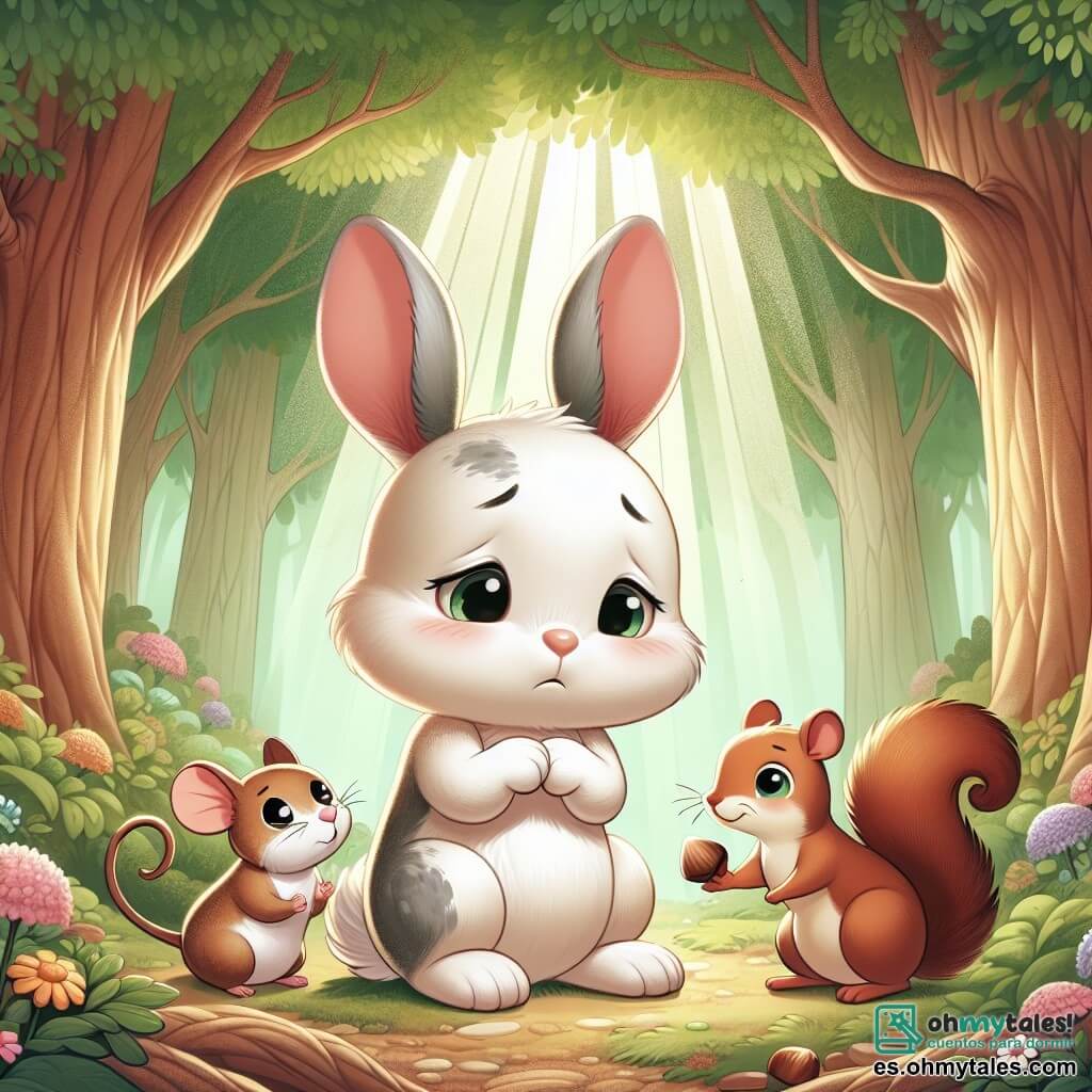 Un pequeño conejo de grandes orejas, con pelaje blanco y manchas grises, se encuentra en el centro de la imagen, mostrando una expresión de melancolía y esperanza. Mira hacia el suelo, con las patas cruzadas, como si reflexionara sobre sus sentimientos. A su derecha, un pequeño ratón de ojos brillantes y pelaje marrón claro, sonriente y lleno de compasión, le extiende una pata para animarlo. A su izquierda, una linda ardilla con pelaje rojizo y una cola esponjosa, con ojos chispeantes de amistad, le ofrece una avellana como gesto de consuelo. El entorno es un rincón cálido de un bosque encantado, con majestuosos árboles de hojas verdes brillantes, flores de colores esparcidas por el suelo y un suave rayo de sol que filtra a través de las ramas, creando una atmósfera pacífica y reconfortante. La situación principal muestra al pequeño conejo compartiendo sus emociones con sus amigos, en un momento de apoyo y comprensión, mientras se reúnen para hablar sobre sus sentimientos ante la separación de sus padres.