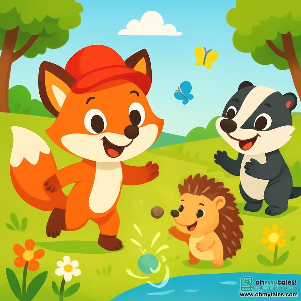 Freddy the Fox, a young fox with bright red fur and a bushy tail, smiles joyfully while wearing a bright red hat. He is playing with friends in a green field, his eyes sparkling with happiness. Next to him, Lily the Hedgehog, with her back covered in brown spines and curious little eyes, laughs as she throws a stone into the lake. A little further away, Benji the Badger, with his black and white fur and wide smile, claps while watching Freddy. The setting is a vast sunny field dotted with colorful flowers and surrounded by majestic trees. In the distance, a lake sparkles under the sun, and butterflies dance in the air. The main scene shows Freddy and his friends having fun together, laughing and playing a stone-throwing game, creating joyful splashes in the lake.