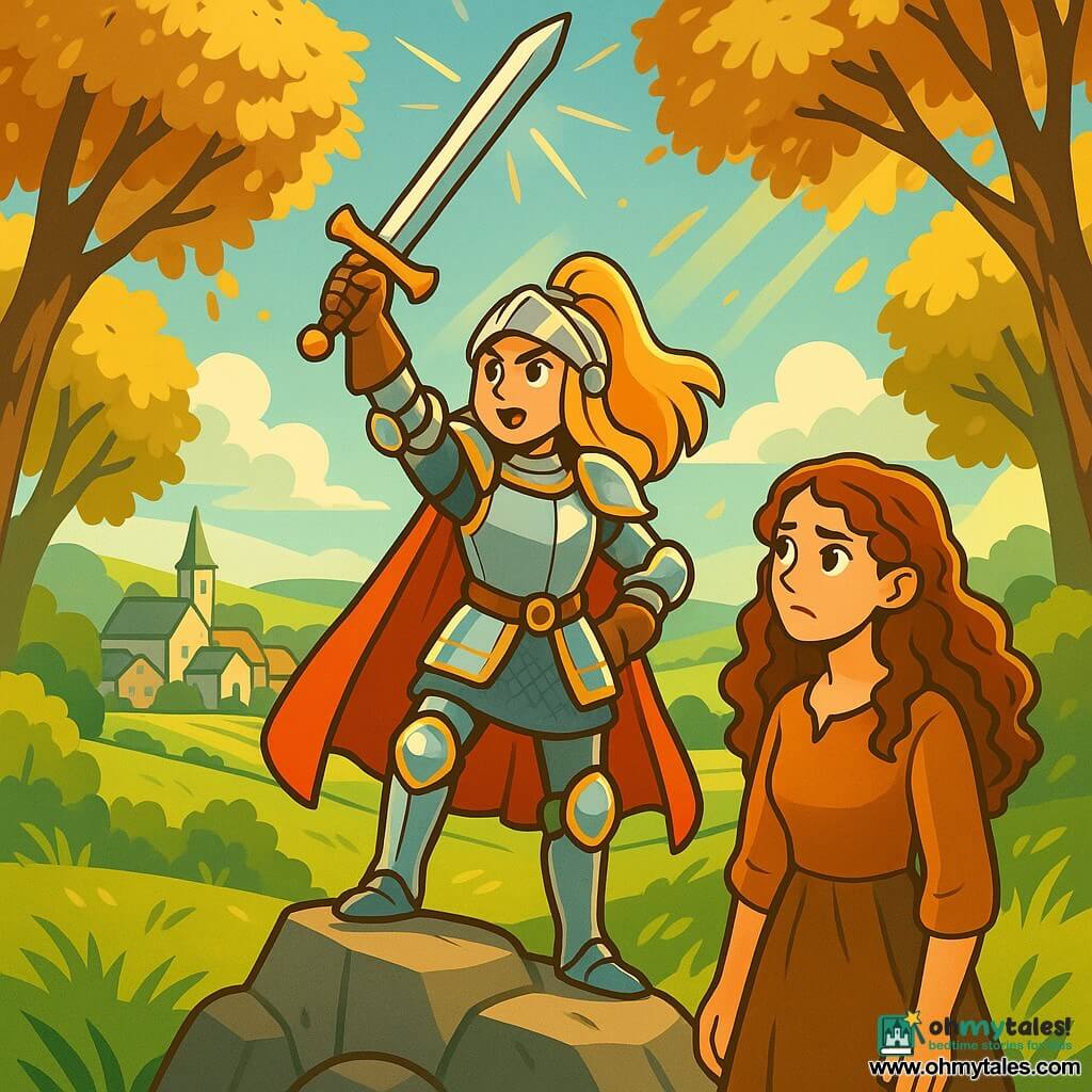 A knightess, Elysia, stands proudly on a rocky promontory, her armor shimmering in the sunlight with silver and gold reflections. Her face is determined, her eyes shining with hope and courage as she confidently brandishes her sword. Beside her, Anwen, a 20-year-old woman with long, curly hair, looks at Elysia with admiration, her features marked by worry but also determination. They are in a vast green clearing surrounded by majestic trees with golden leaves, where rays of light break through the foliage. In the distance, the village of Caerwyn can be seen, with its stone houses and green fields, signifying the rebirth of life. The scene captures the moment Elysia prepares to confront the evil sorcerer, an aura of magic and tension hanging in the air as a light breeze makes the grasses dance around them.