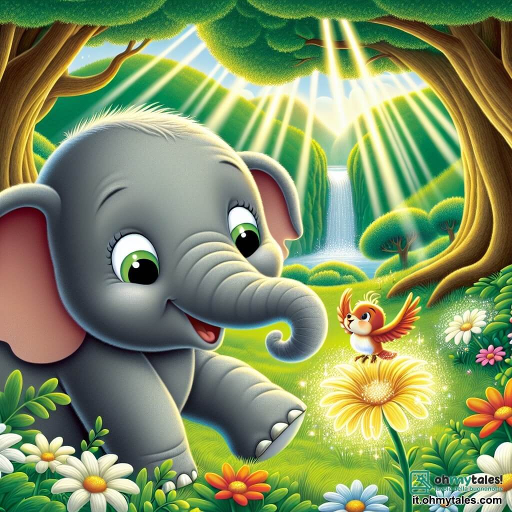 Un elefante di nome Elio, con una pelle grigia morbida e grandi orecchie arrotondate, si trova al centro della scena, mostrando un ampio sorriso di felicità e meraviglia. I suoi occhi brillano di curiosità mentre usa la sua lunga proboscide per toccare delicatamente un magnifico Fiore dei Sogni, un fiore dai petali dorati scintillanti, che brilla alla luce del sole. Accanto a lui, un piccolo uccello di nome Pip, un pettirosso con un piumaggio vivace e occhi vivaci, vola gioiosamente attorno a Elio, cantando con entusiasmo. Pip punta il becco verso il Fiore dei Sogni, esprimendo la sua gioia e la sua eccitazione. La scena si svolge in una valle incantata, circondata da colline verdi e fiori colorati. Raggi di sole filtrano attraverso gli alberi maestosi, creando un gioco di ombre e luci sul terreno coperto di morbido prato. Cascate scintillanti si trovano sullo sfondo, aggiungendo un tocco di magia all'ambiente. La situazione principale mostra Elio e Pip che scoprono insieme il Fiore dei Sogni, un momento di pura meraviglia e felicità condivisa, simbolo dell'amicizia e della magia della natura.