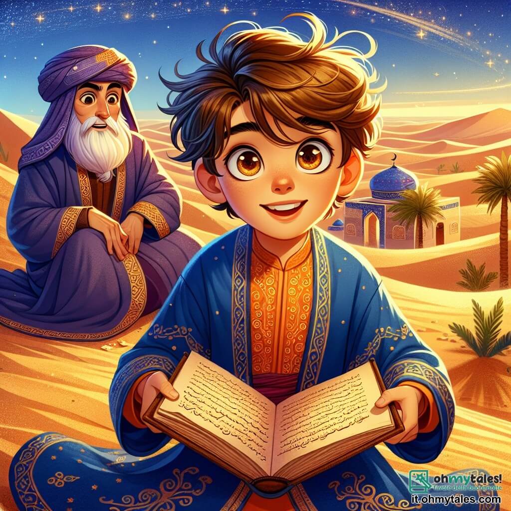 Samir, un giovane con occhi curiosi e capelli ricci castani, è seduto sulla sabbia dorata del deserto. Il suo viso emana eccitazione mentre tiene un antico manoscritto tra le mani, sfiorando le pagine ingiallite. Accanto a lui c'è Hakim, un uomo di circa settant'anni, vestito con un mantello indaco decorato con motivi dorati, che osserva Samir con un sorriso benevolo. Il paesaggio è un vasto deserto con dune ondulate illuminate dalla luce dorata del sole al tramonto, creando ombre danzanti. In lontananza, palme circondano un'oasi scintillante, dove l'acqua chiara riflette il cielo stellato. La scena principale mostra Samir che scopre il manoscritto misterioso, mentre il vento sembra sussurrare antichi segreti, aggiungendo un tocco di magia.