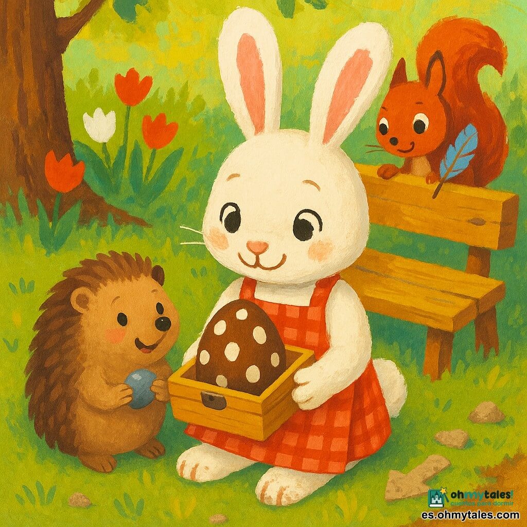 Lila, una pequeña coneja blanca de largas orejas rosadas y ojos brillantes, sonríe concentrada sosteniendo una caja de madera abierta con un gran huevo de chocolate con lunares blancos; lleva un delantal de cuadros rojos y tiene patas ligeramente sucias; Pipo, un erizo redondo de pelaje marrón y púas suaves, sentado a la izquierda, observa la caja con alegría y sostiene una piedra brillante; Nona, una ardillita roja de cola esponjosa, mira por encima del hombro de Lila desde el borde del banco sosteniendo una pluma; jardín primaveral con césped verde, tulipanes rojos y blancos, banco de madera ocre, árbol con raíces visibles y montículo de tierra, luz dorada de la mañana; escena cálida y tranquila de amigos descubriendo juntos un tesoro de Pascua, colores vivos y textura de pintura acrílica.