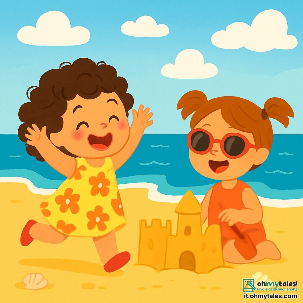 Una bambina di 2 anni, Sofia, con bellissimi capelli ricci e un grande sorriso gioioso, gioca sulla spiaggia con un secchiello rosso. Indossa un bel vestito a fiori e le sue guance sono arrossate dal sole. Accanto a lei, Emma, un'altra bambina di 3 anni con due codini e occhiali da sole, costruisce un castello di sabbia, ridendo e divertendosi. La scena si svolge su una spiaggia soleggiata, con onde dolci che lambiscono la riva, conchiglie sparse sulla sabbia dorata e un cielo blu punteggiato di nuvole bianche. Sofia, eccitata, corre verso Emma alzando le braccia, pronta a condividere il suo secchiello e costruire insieme il castello di sabbia più grande del mondo.