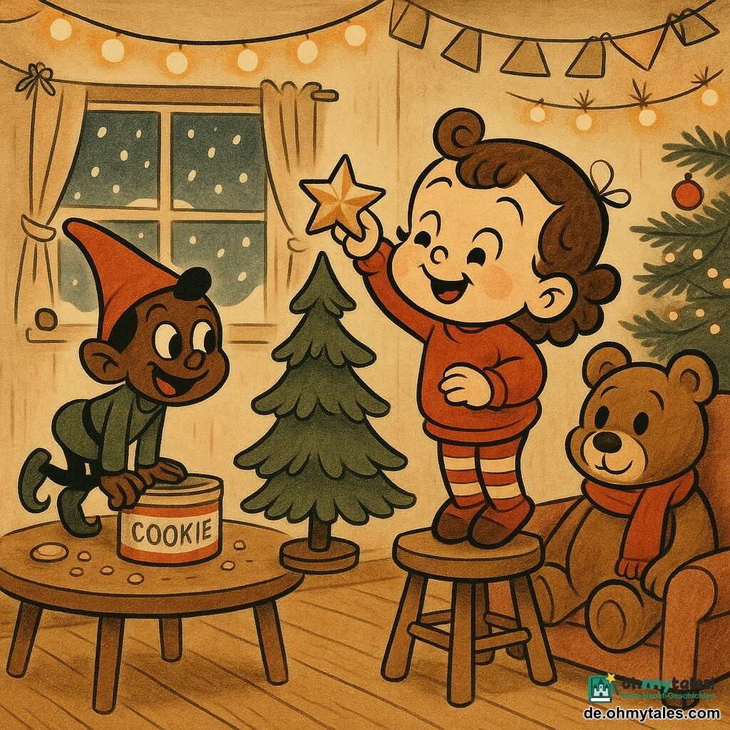Die zweijährige Lina, fröhlich mit lockigem braunem Haar, rotem Pullover und gestreiften Strumpfhosen, steht auf einem kleinen Holzschemel und setzt einen goldenen Stern auf einen Mini-Weihnachtsbaum; der schelmische Wichteljunge Flips mit rotem Zipfelhut und grüner Tunika sitzt nahe einer Keksdose auf dem Tisch und lacht sie an; ein großer brauner Teddybär mit rotem Schal sitzt im Sessel neben dem Baum wie ein sanfter Großvater; das warme Wohnzimmer mit hellem Holzboden, Lichterketten, Papiergirlanden und Keksbröseln auf dem Tisch, draußen fällt Schnee — eine rührend-komische Szene, in der Lina den letzten Stern anbringt und die funkelnde, gemütliche Weihnachtsstimmung herrscht.