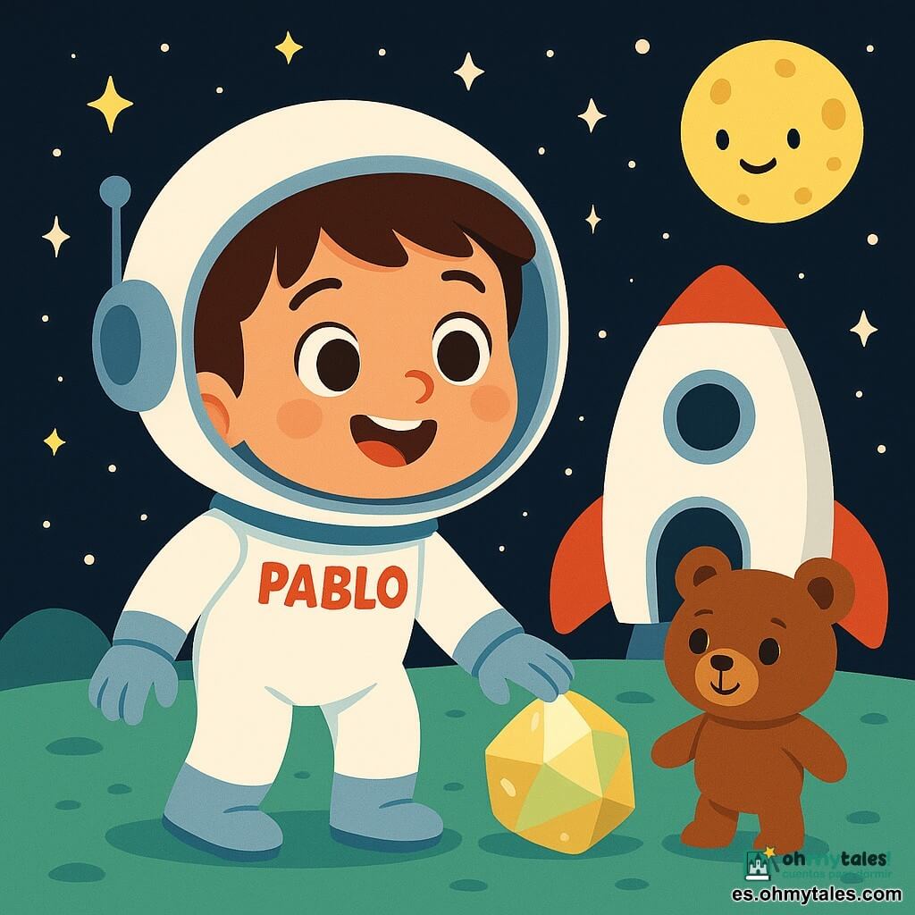 Un joven llamado Pablo, con cabello castaño y ojos llenos de curiosidad, lleva un casco de astronauta y una sonrisa maravillada. Se encuentra afuera de su pequeña nave espacial blanca, sobre un suelo suave y frío de un planeta verde. A su lado, su fiel osito de peluche, con pelaje marrón y ojos redondos, parece animarlo en su aventura. El cielo es de un negro profundo, salpicado de estrellas brillantes como diamantes, y la luna brilla a lo lejos, añadiendo un toque mágico a la escena. Pablo, con un aire alegre, mira a su alrededor, asombrado por la belleza del espacio. La escena principal muestra a Pablo explorando este nuevo mundo, tocando una piedra brillante y preparándose para descubrir las maravillas del universo.