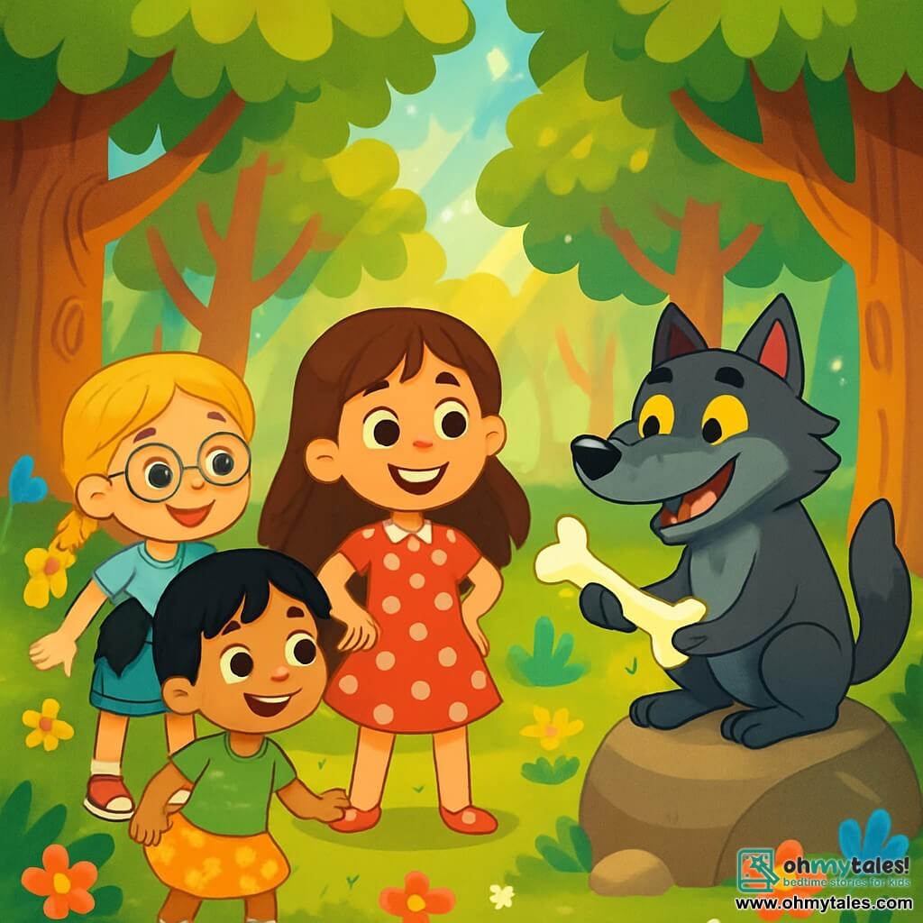 There are 4 characters: Lila: an 8-year-old girl with long brown hair and sparkling eyes, wearing a red polka dot dress, standing in the center, smiling and brave. Mia: a 7-year-old girl with braided blonde hair and round glasses, wearing a blue t-shirt and denim shorts, looking at the wolf with curiosity, slightly to the left. Zoe: an 8-year-old girl with black hair in pigtails, wearing a green t-shirt and a floral skirt, standing to the right of Lila, ready to step forward. The Big Bad Wolf: a dark gray wolf with bright yellow eyes and a mischievous smile, sitting on a rock slightly back, holding a shiny bone in his paws. The setting is an enchanted clearing in the heart of the Whispering Woods, surrounded by tall trees with gnarled trunks and vibrant green leaves. Colorful flowers dance in the wind, and rays of sunlight filter through the branches, creating golden patterns on the ground. The main situation shows the girls and the wolf laughing together after finding the shiny bone. The girls are joyful and curious, while the wolf, with a friendly look, gazes at them with gratitude. The atmosphere is filled with magic and friendship, illustrating a moment of discovery and bravery.