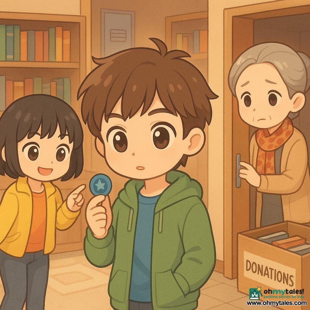 A 12-year-old boy (Theo) stands center, focused and curious, tousled brown hair, blue T‑shirt and green hoodie, holding a small blue plastic badge; an 11-year-old girl (Mina) to the left, smiling with short black hair and a yellow jacket, points at a small gray wheel on a shelf; a woman of about 50 (Mrs. Dalloway) to the right, silver hair in a bun and patterned scarf, looks worried but relieved as she holds open a closet revealing a cardboard donation box with books; background: cozy small library with wooden shelves of colorful books, a cream rug with a pale square mark, a low counter and a slightly open metal storage door; scene: peaceful discovery—soft light, pastel tones, gentle expressions and dynamic poses as they examine clues near the closet (badge, wheel, floor marks) suggesting a resolved mystery.