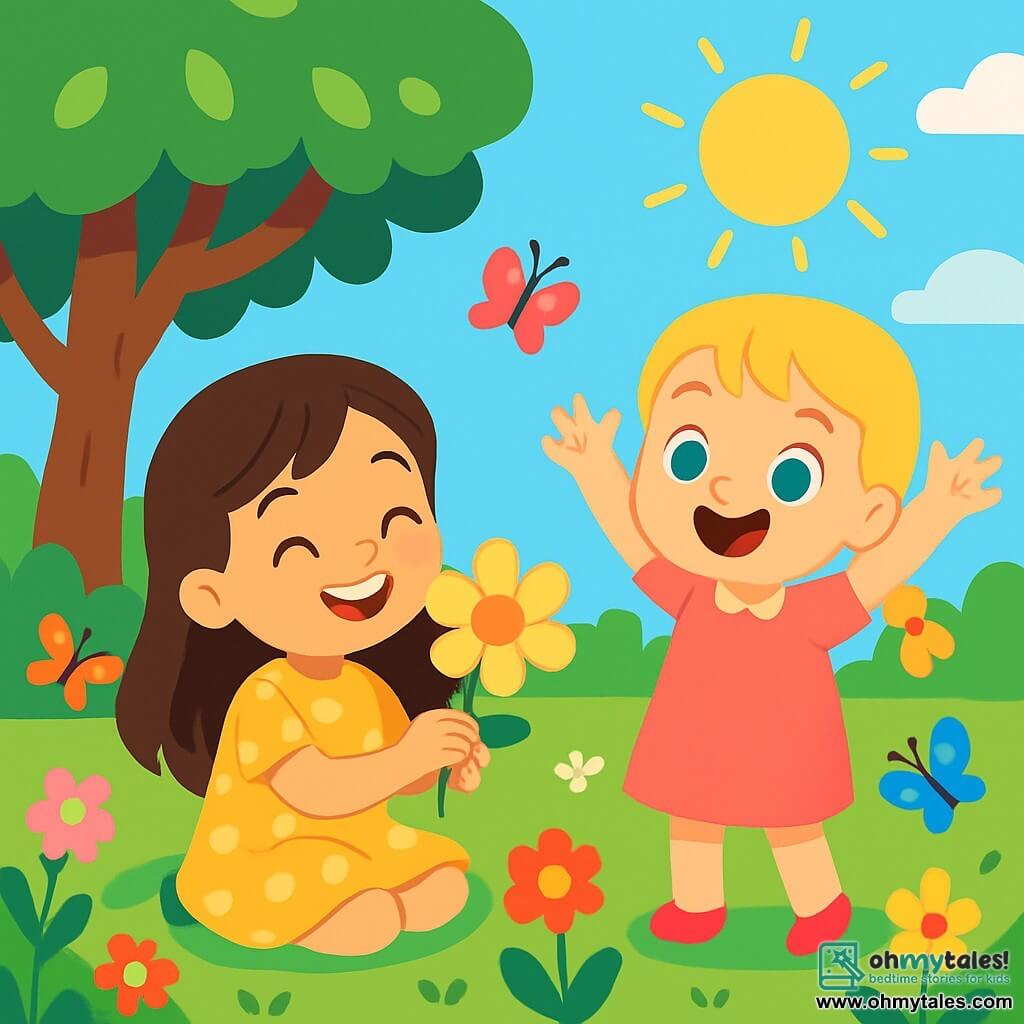 There are 2 main characters: - Mila: a 4-year-old girl with long brown hair and sparkling eyes. She wears a yellow polka dot dress and is sitting on the grass, holding a beautiful yellow flower in her hands. - Lucy: a 4-year-old girl with braided blonde hair and blue eyes. She wears a pink dress and stands next to Mila, joyfully smiling and raising her arms in the air. The main setting is a sunny garden filled with colorful flowers and lush greenery. Butterflies dance around the flowers, and a large shady tree stands in the background, its shiny leaves sparkling in the sun. The main situation shows Mila and Lucy sharing a moment of joy. Mila, with a big smile, admires the yellow flower she received from Lucy, while Lucy laughs and claps, surrounded by the beauty of the garden. The two little girls appear radiant with happiness, their faces illuminated by sunlight.