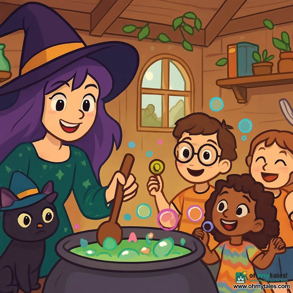 A joyful witch named Mira, with long wavy purple hair, wears an emerald green velvet dress adorned with small sparkling stars. She smiles with mischievous sparkling eyes, holding a wooden spoon over a large bubbling cauldron. Beside her, a black cat named Nimbus, wearing a captain's hat, curiously watches the potion with its round, bright eyes. In the background, three friends are visible: Finn, a 10-year-old boy with round glasses and a striped t-shirt, holding a small golden key; Poppy, a 9-year-old girl with curly hair in a colorful dress, making shimmering soap bubbles; and Lolo, an 8-year-old girl with a radiant smile, joyfully dancing while holding a feather. The scene takes place in a charming wooden cabin filled with colorful jars, old books, and climbing plants, with rays of light filtering through the windows. In the center, the cauldron emits multicolored bubbles and laughter, while the potion seems to come to life, ready to burst with joy.