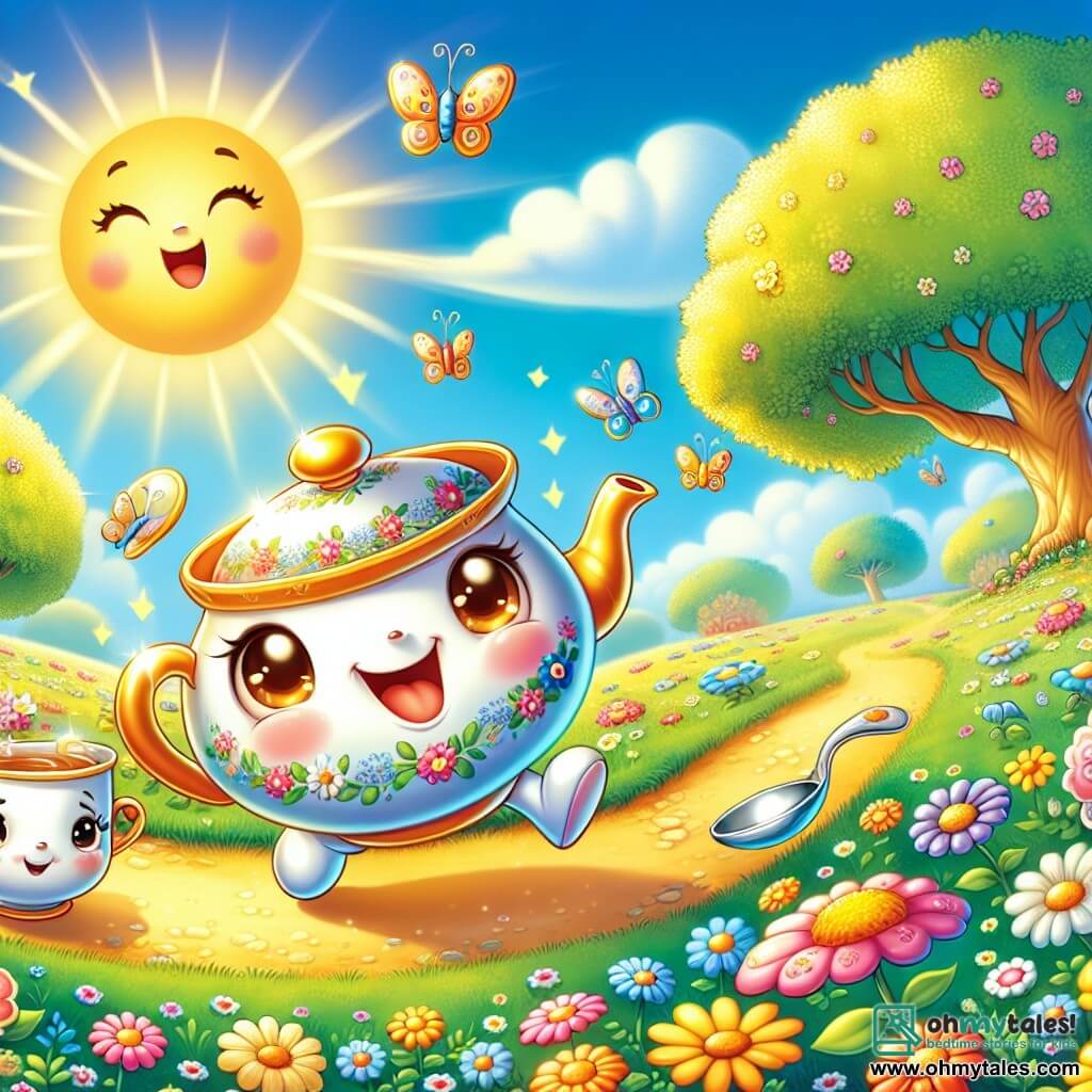In the center of the image, a cheerful little teapot named Tommy, with a round and shiny body and a sparkling golden spout under the sun, expresses great excitement with a wide smile. He is joyfully hopping on a flower-filled path, surrounded by colorful flowers and fluttering butterflies. To his right, Clara, an adorable porcelain cup with floral patterns, smiles in wonder, her eyes sparkling with joy. She holds a small bouquet of flowers in her hands, ready to give them to her friends. To the left, Sammy, a friendly silver spoon, looks on with curiosity, his round eyes shining with enthusiasm. He is pointing towards a mysterious path leading to a sparkling door hidden behind bushes. The setting is a beautiful sunny field, dotted with multicolored flowers, under a bright blue sky, with majestic trees in the background. A gentle breeze makes the leaves and flowers dance, creating a magical atmosphere. The main scene shows Tommy and his friends discovering a mysterious door adorned with precious stones, illuminated by a magical glow, as they prepare to enter a world of adventure and wonders.