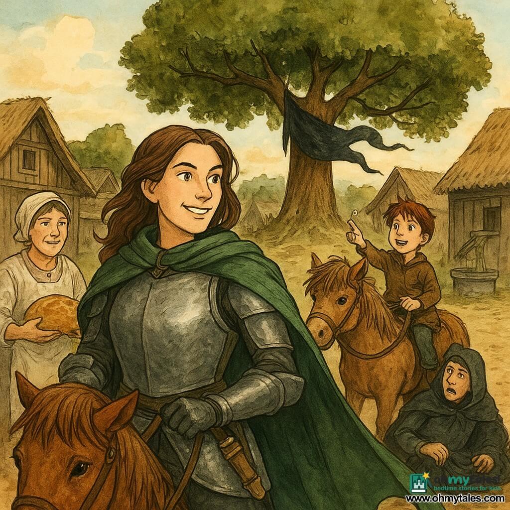 The female knight (about 25) stands in the foreground, determined and smiling, in matte brushed-steel armor with a flowing green cape, holding the bridle of a copper mare and a small brass tool at her belt; behind her a tousle‑haired boy (Pip, ~10) rides a small shaggy pony, eyes wide and pointing at a large central chestnut tree; to the left Marta (villager, ~40) with floury hands and a soiled white apron offers a large golden loaf, relieved, while a gray‑cloaked man (the Raven‑ring man, ~35) sits near the tree with a tangled black banner, surprised and annoyed; the rustic village square has packed‑earth ground, wooden thatch huts, baskets of grain and a stone well, with a half‑wrapped black banner on the chestnut—the knight has just saved the village, the banner darkening and falling, the boy having cut the rope, villagers gathered in a quiet, convivial victory; inked color style, clean lines, warm earthy palette, visible textures (wood, brushed metal, crumpled fabric), composition centered on the knight and chestnut tree.