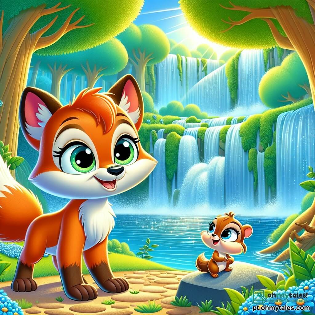 Um raposo travesso chamado Rique, com pelagem laranja brilhante e olhos cintilantes de curiosidade, está à beira de uma linda cachoeira, admirando um colar de pérolas cintilantes que brilha ao sol. Ao seu lado, seu amigo Tico, um pequeno esquilo de pelos marrons e cauda espessa, sobe em uma pedra, parecendo entusiasmado e pronto para ajudá-lo em sua busca. Ao fundo, a floresta encantada está cheia de árvores majestosas com folhas verdes vibrantes, enquanto flores azuis coloram o chão, criando uma atmosfera mágica. Rique e Tico estão procurando o colar de pérolas perdido, cercados pelo suave som da água corrente e o canto dos pássaros, simbolizando amizade e aventura.