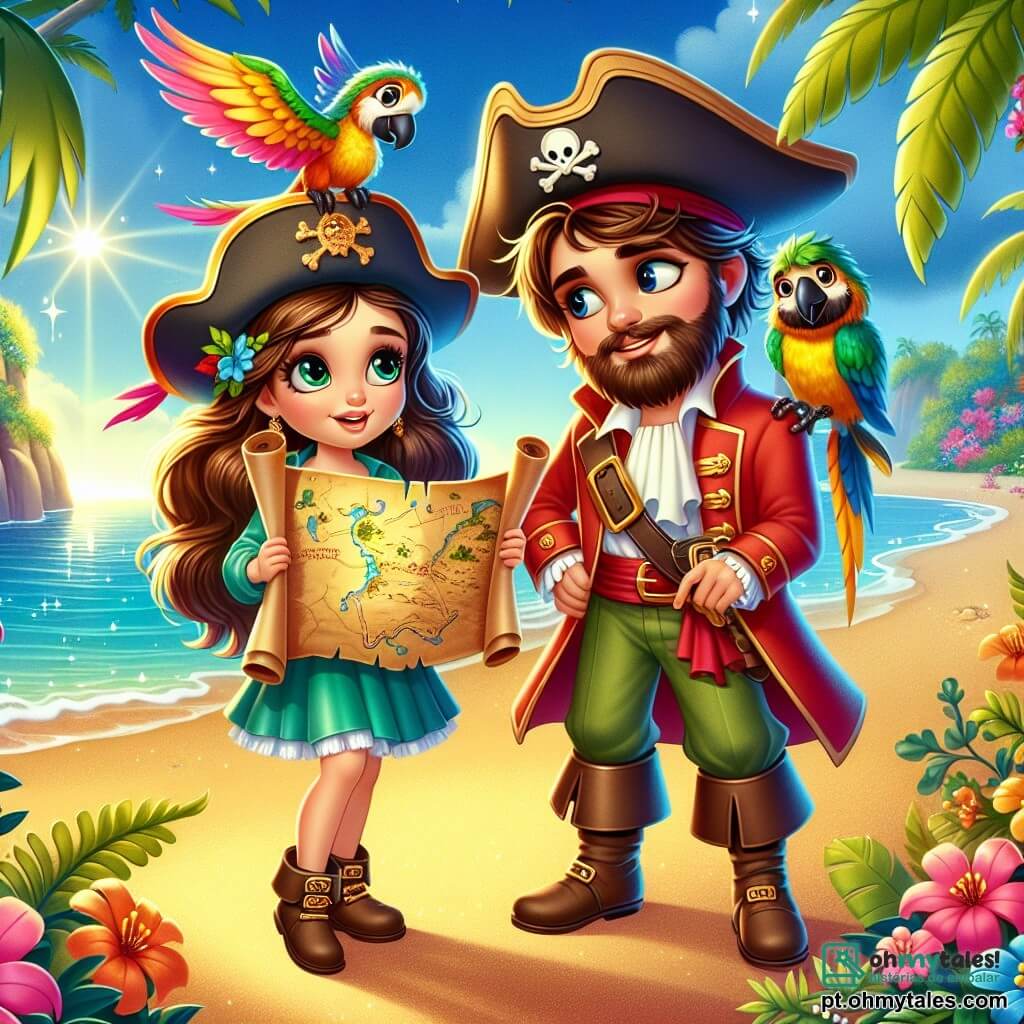 Marina, uma jovem exploradora com cabelos longos e ondulados, usa um chapéu de pirata decorado com penas coloridas. Com um olhar maravilhado e determinado, ela segura um mapa do tesouro nas mãos, em pé em uma praia de areia dourada. Ao seu lado, o Capitão Barba Suave, um homem na casa dos cinquenta anos com uma barba suave e um sorriso caloroso, observa o mar com curiosidade. Ele veste um manto de pirata vermelho e um tricorne, inclinado sobre o mapa, apontando um local específico com entusiasmo. Em seu ombro, Loro, o papagaio colorido, um pássaro com penas verdes e amarelas, olha ao redor com olhos travessos, pronto para contar uma nova história. O cenário é uma ilha mágica, com palmeiras majestosas, flores vibrantes e uma caverna misteriosa ao fundo, onde a luz brilha através da entrada. A cena principal mostra Marina e o Capitão Barba Suave descobrindo um tesouro escondido na caverna, cercados por uma aura de magia, enquanto se preparam para abrir um velho baú dourado cheio de cartas de amizade e aventuras.