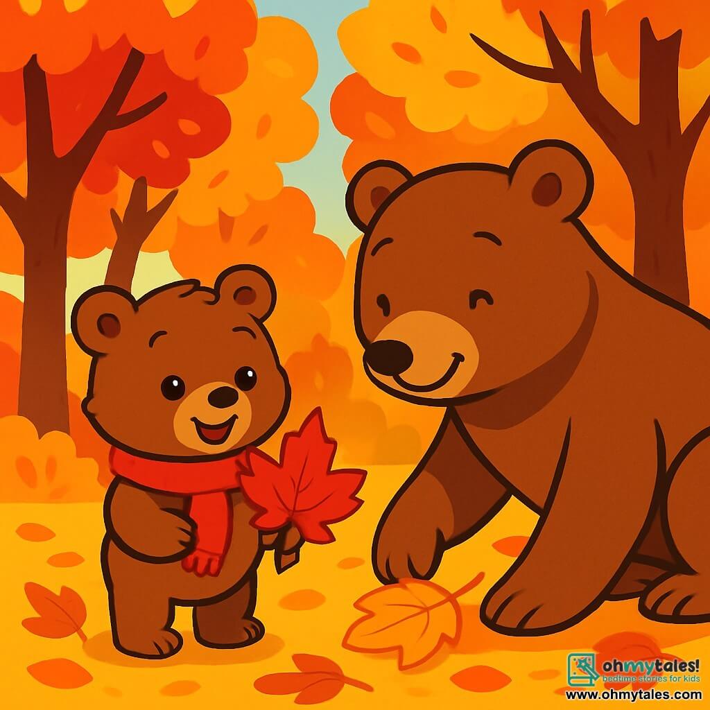 A little brown bear named Benny, with a sweet smile and sparkling eyes, stands in the middle of an autumn forest. He wears a bright red scarf and holds a large shiny red leaf in his paws. Next to him is his mom, a big bear with soft brown fur, smiling tenderly with love in her eyes as she picks up a golden leaf from the ground. The forest is filled with trees displaying vibrant leaves in shades of red, orange, and yellow. The ground is covered with crunchy leaves that crackle under Benny's paws. In this warm scene, Benny and his mom are collecting leaves to create a work of art, surrounded by the stunning beauty of autumn.