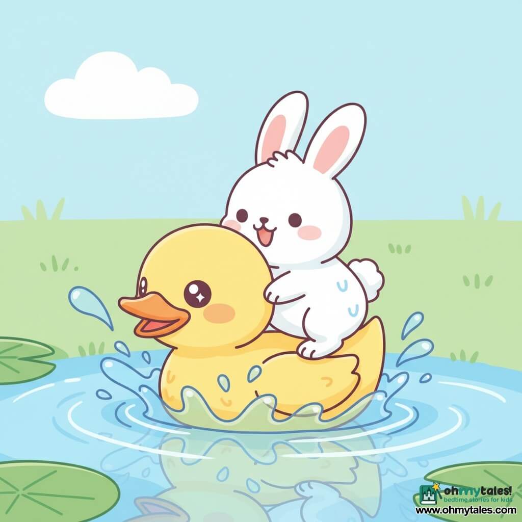 A bright yellow duck with a glossy orange beak and fluffy feathers, round sparkling eyes, looks joyful and mischievous as it swims in circles splashing; a white rabbit with long pink ears and slightly wet soft fur smiles widely, balancing mid-hop on the duck's back, leaning forward with hind legs up and centered for balance. The shallow pond has clear blue water with sunny reflections, round green lily pads, and bubbles and droplets around. Simple background of soft green grass and a pale blue sky with a small fluffy cloud. Playful, dynamic mood with motion shown by speed lines and shiny round splashes; bright contrasting colors, soft outlines, rounded shapes, composition centered on the duck-and-rabbit duo.
