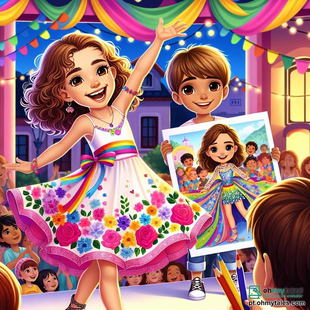 Clara, uma menina de 8 anos, tem cabelos cacheados e castanhos, olhos brilhantes de alegria e um grande sorriso que ilumina seu rosto. Ela está dançando com entusiasmo em um palco colorido, vestida com um vestido vibrante de estampas florais, simbolizando a alegria e a igualdade. Ao seu lado, Ana, uma menina de 7 anos, com cabelos longos e lisos, usa uma roupa de dança brilhante. Ela sorri e executa movimentos graciosos, acrescentando à energia alegre da cena. Pedro, um menino de 8 anos, está um pouco afastado, segurando lápis de cor e um grande desenho representando crianças de todos os gêneros brincando juntas. Ele observa Clara com admiração, pronto para compartilhar sua arte. O local é uma praça de vila animada, decorada com guirlandas coloridas e balões flutuantes. Crianças e adultos estão reunidos ao redor do palco, todos sorrindo e aplaudindo, criando uma atmosfera festiva e acolhedora. A situação principal mostra Clara e seus amigos celebrando a igualdade de gêneros durante um festival alegre, onde cada um expressa sua criatividade através da dança, do desenho e das histórias, unidos por uma mensagem de amizade e respeito.