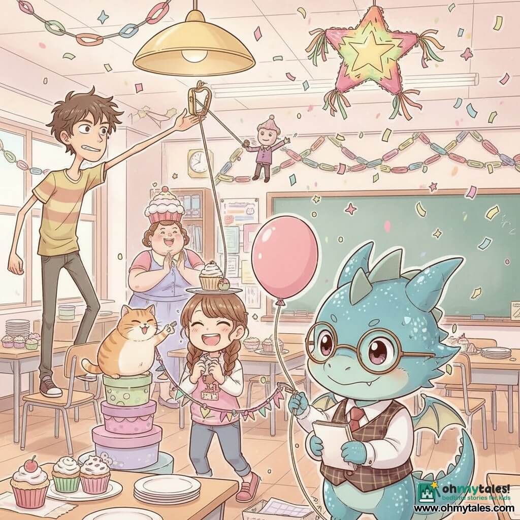 The main character is a small anthropomorphic plush dragon with shimmering teal scales, wearing a plaid vest and round glasses, curious and mischievous, holding a notebook and tugging a makeshift string; Benny, a tall skinny boy with messy brown hair, stands on a chair at left ready to jump for the piñata; Lila, a braided girl, balances a plate with a cupcake on her head while blowing up a balloon at center; Whiskers, a round ginger cat, perches on a hatbox nudging a garland; Madame Poppy, a warm, round teacher with a cupcake hat, claps by the blackboard. The colorful classroom has paper garlands, mobiles, tables with cupcakes, and a large ceiling lamp with a gold clip holding a star-shaped piñata; a DIY party contraption of ribbons, glued plates and an inflating balloon is unbalancing the clip so the piñata begins to come loose as confetti starts to fall, in warm light and pastel tones.