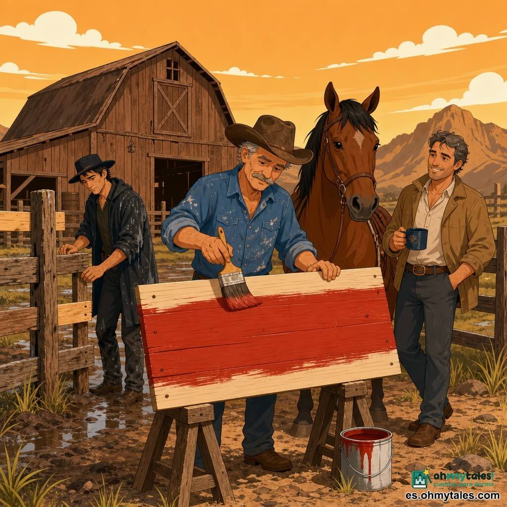 Un hombre, Tomás, rostro curtido, bigote fino y sombrero vaquero marrón, pinta una gran tabla de madera con una brocha ancha roja y traza letras blancas "COYOTE ROJO", de pie frente a la tabla sobre caballetes, con manchas de pintura en su camisa vaquera; a la derecha, a unos pasos, Don Eusebio, hombre de unos 30 años, complexión media y canas, sonríe sosteniendo una taza de café; a la izquierda, el flaco, joven de unos 25 años, delgado, sombrero oscuro y chaqueta húmeda, con las manos algo sucias, mira una sección de la valla reparada; junto a Tomás, el caballo marrón Viento, con crin negra y orejas erguidas, calmado; lugar: entrada polvorienta de un rancho con pasto bajo, montañas ocres al fondo, cielo naranja de tarde y un gran hangar de madera, atmósfera de calma tras la tormenta y luz dorada sobre la pintura fresca.