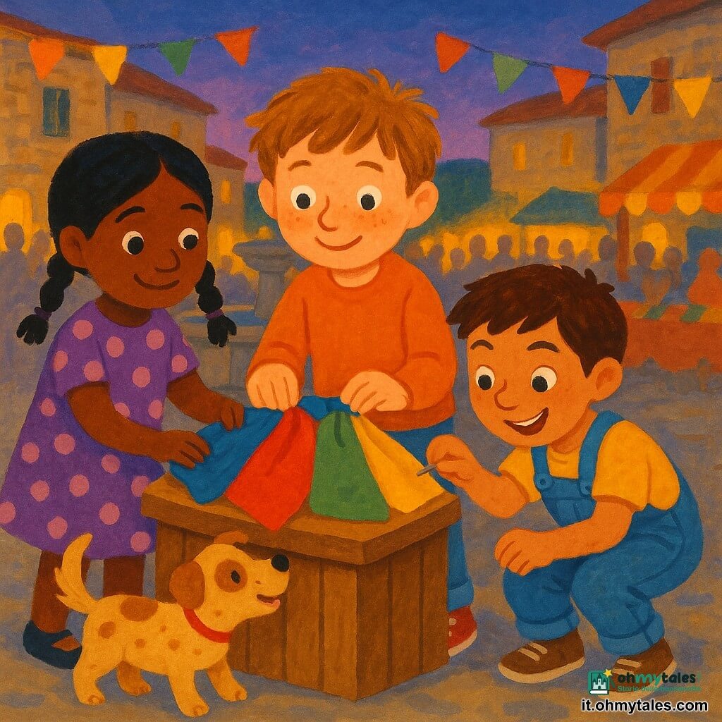 Un bambino di 8 anni, Matteo, viso rotondo con lentiggini, capelli castano chiaro spettinati, occhi grandi e curiosi, espressione gioiosa e timida, tiene delicatamente quattro pezzi di stoffa colorati (blu, rosso, verde, giallo) e li posa al centro di un piccolo podio di legno; una bambina di circa 8 anni, Sofia, capelli neri in due trecce, vestito a pois viola, sguardo concentrato e sorridente, sta a sinistra aiutando a tenere unite le stoffe; un altro bambino di circa 8 anni, Giacomo, capelli castani corti, salopette di jeans, atteggiamento vivace e malizioso, è a destra accovacciato a prendere una spilla; un cane piccolo, Poldo, pelliccia beige macchiata di marrone, scodinzola e si infila tra le gambe davanti al podio; la piazza del villaggio al crepuscolo con pietre antiche, una fontana tonda dietro il podio, panchine di legno, ghirlande e bandierine tra le case e bancarelle sfocate; i tre bambini uniscono i quattro pezzi di stoffa in cerchio sul podio, luce calda del tramonto, folla adulta sfocata che applaude, atmosfera di festa e aiuto reciproco, effetto gouache con pennellate morbide e colori saturi.