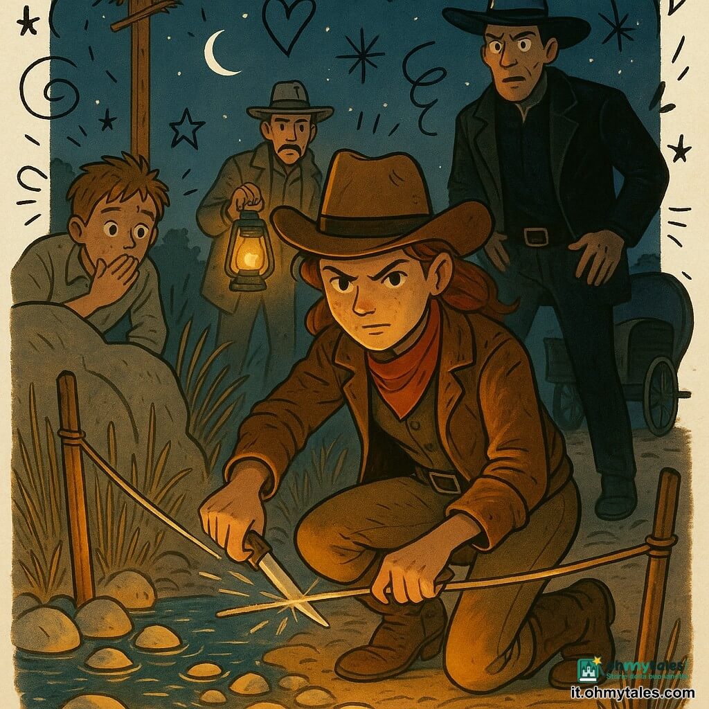 Livia, cowgirl determinata con cappello marrone e foulard rosso, è accovacciata vicino a una corda tesa e sta tagliandola con un piccolo coltello per proteggere un nido; Toby, ragazzo di circa 12 anni, nascosto dietro una roccia a sinistra, la guarda stupito con la mano alla bocca; Wade Kessler, uomo dal volto duro, indietreggia sorpreso vicino a un carro a destra; lo sceriffo Ramirez sta dietro Livia con una lanterna accesa che proietta un alone caldo sul guado: scena notturna tesa su un ruscello poco profondo con luna e stelle, contrasto tra luce calda della lanterna e luce fredda della luna.