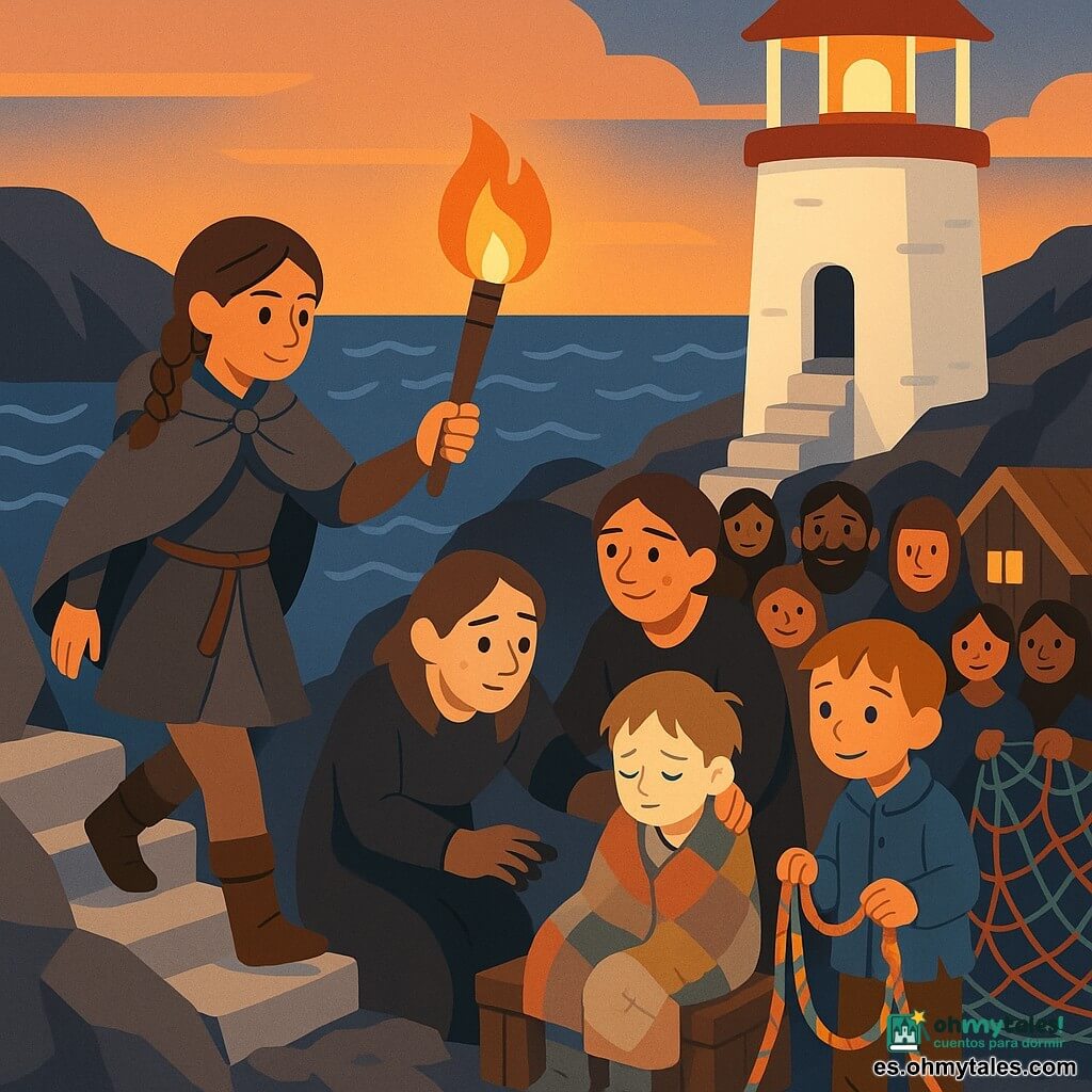 Eira, joven de mirada decidida y amable, cabello castaño trenzado, capa gris y botas de cuero, baja del faro con una antorcha encendida; a su lado Inga, mujer madura con rostro cansado pero aliviado y manos ennegrecidas, toca el hombro de su hermanito enfermo de unos 8 años, pálido y arropado con una manta remendada sentado en una caja al pie del faro; un niño del pueblo de unos 6 años observa tirando de una cuerda; varios aldeanos forman un semicírculo sosteniendo una larga cuerda o una red colorida que simboliza unión; escenario: cima de un faro blanco sobre un acantilado rocoso, mar gris con olas estilizadas, bruma leve, casas de madera con tejados de paja y cielo crepuscular anaranjado-azulado; la antorcha ilumina rostros aliviados y hace brillar la cuerda; estilo: colores planos y contrastados, formas geométricas simples, contornos nítidos, texturas mínimas y expresiones claras aptas para niños.