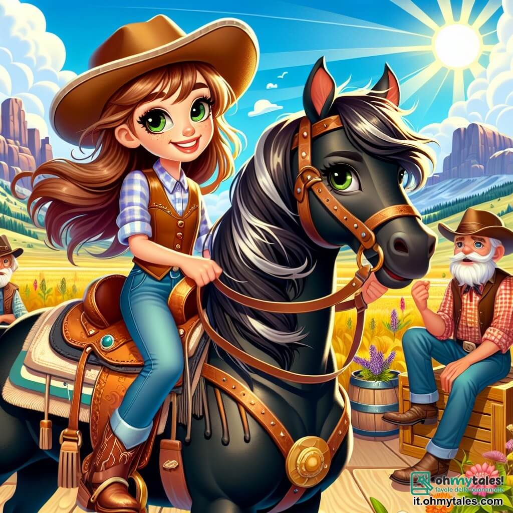 Clara, una giovane cow-girl di dodici anni, sta orgogliosamente sul suo cavallo Tornado, un magnifico destriero nero dai crini lucenti. Ha lunghi capelli castani che fluttuano nel vento e occhi verdi pieni di eccitazione e determinazione. Clara indossa un cappello da cowboy e un gilet di pelle, sorridendo con sicurezza, pronta ad affrontare l'avventura che l'attende. Vicino a lei, due vecchi cowboy, uno di circa sessant'anni con una barba grigia e un cappello usurato, discutono animatamente. L'altro, un uomo di una cinquantina d'anni, ha un viso segnato dal sole e indossa una camicia a quadri. Sono seduti su casse di legno, osservando Clara con ammirazione e condividendo storie della loro giovinezza. La scena si svolge in una vasta prateria dorata, punteggiata di fiori selvatici e circondata da maestose montagne in lontananza. Il cielo è di un blu splendente, punteggiato di nuvole bianche e il sole brilla intensamente, illuminando il paesaggio. Clara, piena di coraggio, si prepara a partire per l'avventura alla ricerca della leggendaria Valle Perduta, mentre i vecchi cowboy, testimoni della sua audacia, le offrono consigli e incoraggiamenti.