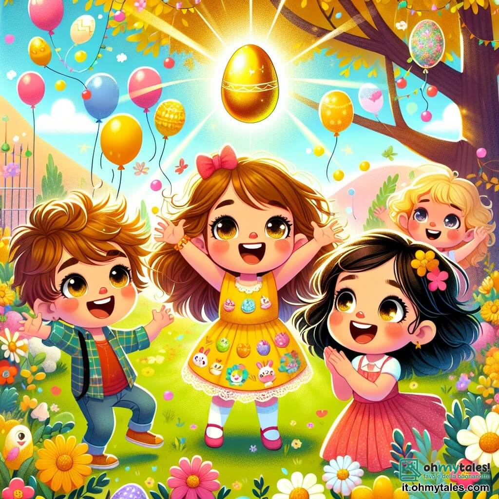 Una bambina di 6 anni, Sofia, con lunghi capelli castani e occhi brillanti di gioia, indossa un vestito giallo decorato con coniglietti. Sorride ampiamente, con le braccia alzate in segno di vittoria, tenendo un uovo d'oro lucente tra le mani, circondata da fiori colorati. Accanto a lei, il suo amico Luca, un ragazzo di 6 anni con capelli biondi disordinati e una camicia a quadri rossi, guarda l'uovo con meraviglia, gli occhi sgranati. Un po' più in là, Mia, una bambina di 6 anni con capelli neri e ricci, vestita con un abito rosa, applaude con entusiasmo, le guance arrossate dall'eccitazione. La scena si svolge in un giardino soleggiato, pieno di fiori multicolori e palloncini fluttuanti, con un grande albero dalle foglie dorate sullo sfondo, sotto il quale si nasconde l'uovo d'oro. Sofia e i suoi amici celebrano la loro scoperta magica dell'uovo d'oro, circondati da risate e gioia, pronti a iniziare la grande parata di Pasqua.