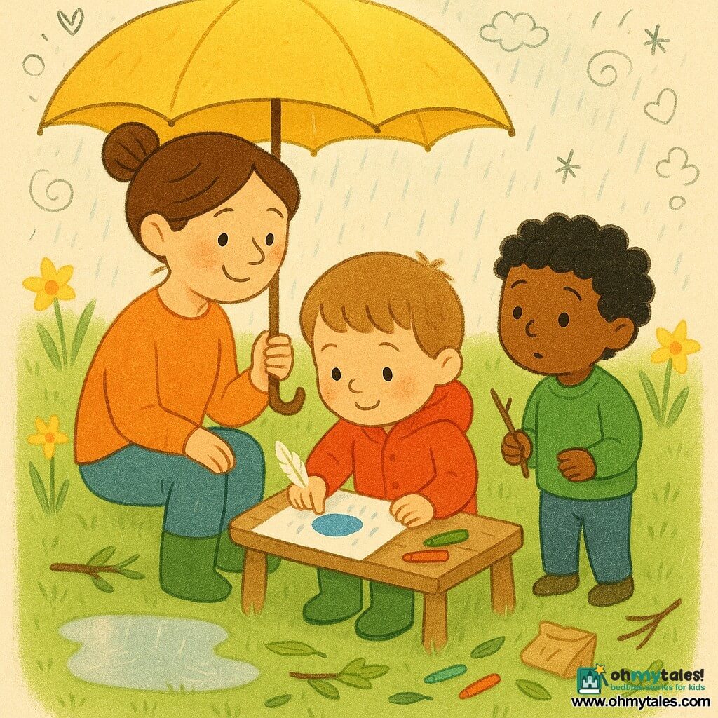 A calm, late-morning scene: a 4-year-old boy with short light-brown hair, round face and rosy cheeks sits on a small wooden bench in a bright red jacket and green boots, holding a small white feather in his left hand as he glues it and presses a blue thumbprint onto a sheet while a fine rain begins to sparkle on the leaves; nearby the teacher Ana (about 28, brown hair in a bun, gentle smile) stands holding a large yellow umbrella over them, a 5-year-old friend with curly black hair watches curiously from the right holding a twig, the park has a shiny green lawn dotted with yellow daffodils, a reflective puddle, twigs and a low wooden table strewn with leaves, pencils and a small paper bag, soft late-morning light, slightly wet ground, mist droplets in the air and doodled birds, clouds and hearts overlaid.