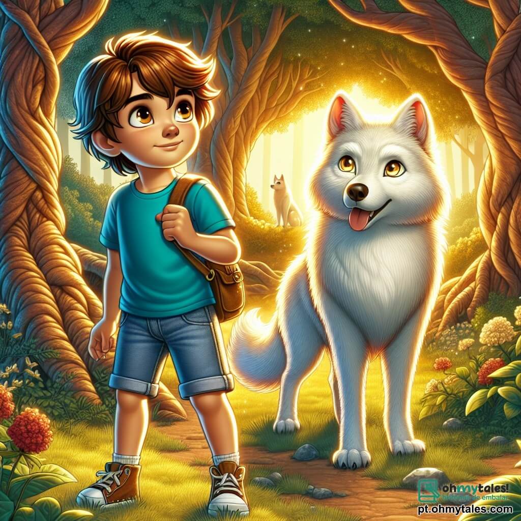 Um garoto de 12 anos, Lucas, está corajosamente no centro do palco. Ele tem cabelos castanhos bagunçados, olhos brilhantes de curiosidade e um sorriso determinado. Ele usa uma camiseta azul vibrante e um short jeans, com uma pequena bolsa transversal cheia de tesouros. Lucas observa bravamente um grande lobo majestoso, cujo pelo é de um branco brilhante, a poucos passos dele, seus olhos brilhando de sabedoria e gratidão. O lobo, antes temido, agora é um símbolo de paz, ligeiramente recuado, como um guardião protetor da floresta. Ele observa Lucas com uma expressão suave, pronto para ajudá-lo nesta aventura. A cena ocorre em uma clareira encantada da floresta, banhada pela luz dourada do crepúsculo. Árvores de troncos retorcidos cercam a clareira, suas folhas brilhando como esmeraldas ao sol poente. Flores coloridas salpicam o chão, adicionando um toque de magia à atmosfera. A situação principal mostra Lucas, com um olhar determinado, segurando em suas mãos uma pena de fênix brilhante, uma lágrima de sereia cintilante e um ramo de árvore falante, pronto para quebrar a maldição do lobo. O ar está carregado de uma tensão mágica, enquanto eles se preparam para libertar o lobo de seu destino, simbolizando a amizade e a coragem diante do medo.