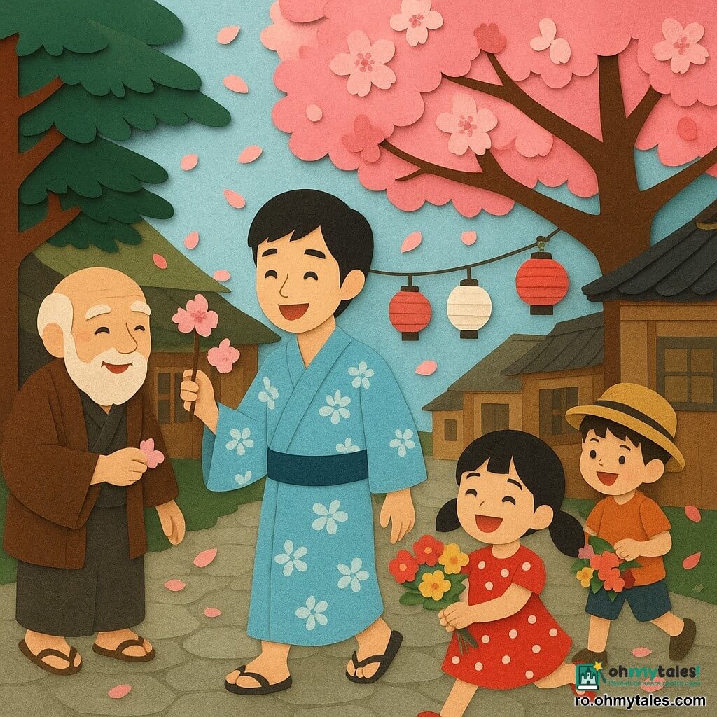 Un tânăr de circa 20 de ani, Haruki, zâmbind și fermecat, poartă un kimono pal-albastru cu motive florale albe, ține o ramură de cireș în floare și merge în centrul scenei; un bătrân de circa 70 de ani, bunicul satului, cu barbă albă, stă în umbra unui pin în stânga și îi întinde o floare lui Haruki; o fetiță de vreo 8 ani, cu cozi negre și rochie roșie cu buline, aleargă râzând spre prim-plan cu un buchet; un băiețel de vreo 6 ani, cu pălărie de paie, agață o ghirlandă de flori pe o lanternă de hârtie lângă o casă de lemn în spatele lui Haruki; decor: o stradă de sat japonez pavata cu case mici din lemn, un mare cireș în floare în centru, felinare de hârtie suspendate, ghirlande colorate și petale roz plutind în aer; situație: o sărbătoare caldă și animată a florilor, schimburi de flori și zâmbete, culori vii; stil vizual: contururi decupate, suprafețe plate suprapuse, paletă luminoasă și blândă, motive florale pe textile, textură vizibilă de hârtie și petale în mișcare.