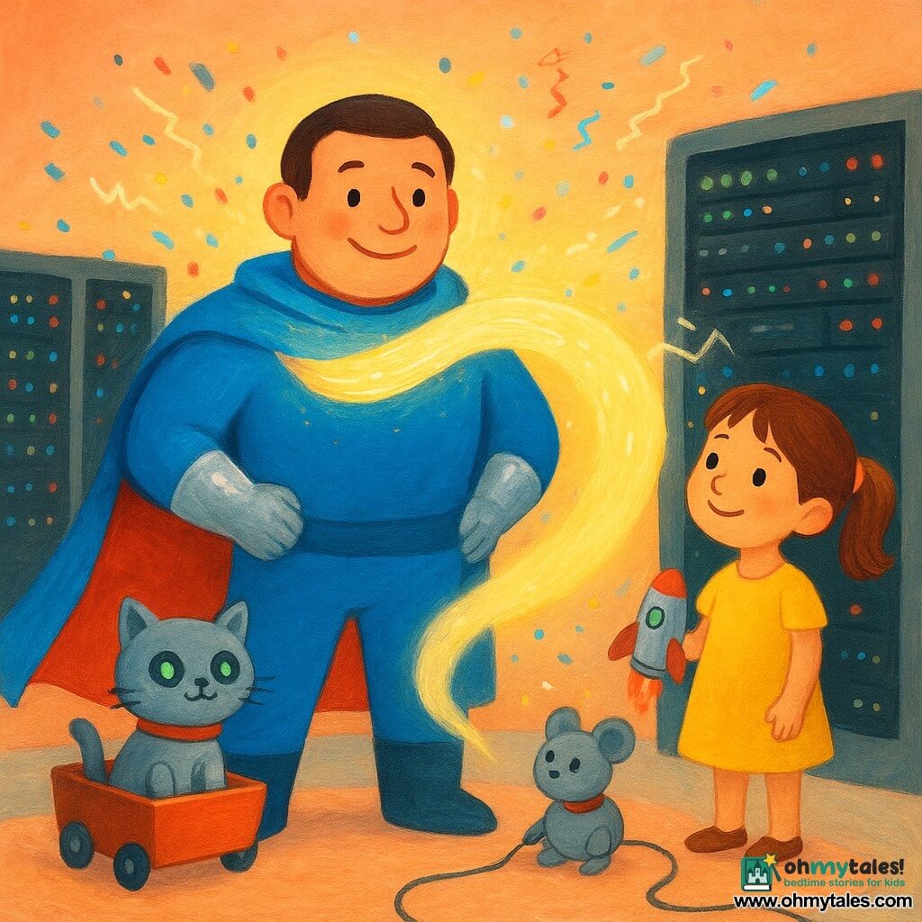 A reassuring smiling superhero man with a round face, soft eyes, bright blue cape and shiny silver gloves stands protectively in front of a row of glowing server units, holding a luminous scarf-forming bubble that shields them from a rain of colorful code flakes and static while a smiling 6-year-old brown-haired girl in a yellow dress holds a toy rocket at his right and a small green-eyed robot cat in a paint cart with a red ribbon mews at the foreground left; a cute round gray mouse-robot taps a glowing key on a floor cable; the server room is warm and cozy with pastel walls, clean floor, soft rug, black racks with flashing colored lights and gentle confetti-like sparks, in a childlike gouache style with soft lines, round shapes, warm colors and reassuring atmosphere.