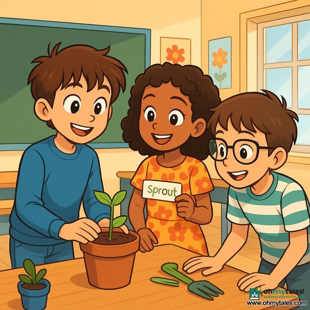 A 10-year-old boy, Milo, with messy brown hair and sparkling curious eyes, stands proudly in front of a small green plant named Sprout, smiling. He wears a blue sweater and jeans with a patch on the knee, his hands gently resting on the pot. Next to him, Aisha, a 10-year-old girl with curly hair and a colorful dress, encourages him with a big smile, holding a small paper tag to mark the plant. Tom, a 10-year-old boy with glasses and a striped t-shirt, leans in to observe the plant with interest, his eyes shining with excitement. The scene takes place in a bright classroom filled with colorful posters on the walls, wooden desks, and windows letting in sunlight that illuminates the blackboard. On the desk, flower pots and gardening tools are scattered, adding a touch of greenery to the environment. The main situation shows Milo proudly sharing his gardening experience with his classmates, explaining how he took care of Sprout, while his friends listen attentively, creating an atmosphere of support and joy.