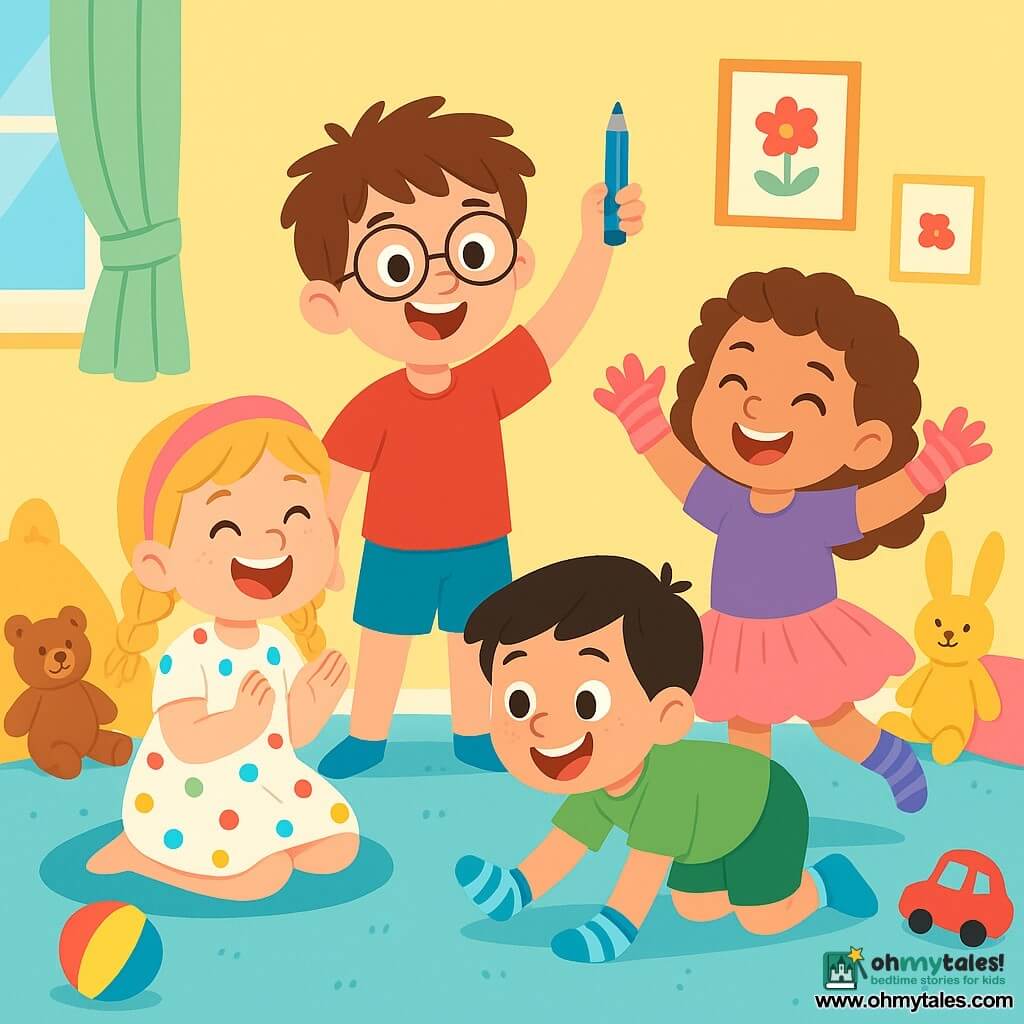 There are 4 children: Max, a 6-year-old boy with messy brown hair and round glasses, wearing a red t-shirt and blue shorts, stands in the center holding a pencil in the air with a big smile. Mia, a 5-year-old girl with braided blonde hair and a cute pink headband, wears a colorful polka-dot dress and is sitting on the carpet, laughing and clapping. Leo, a 5-year-old boy with black hair and freckles, wears a green t-shirt and shorts, crawling on all fours, pretending to be a dog with socks on his hands, wagging his behind. Lily, a 6-year-old girl with curly brown hair and a bright smile, wears a purple t-shirt and a tulle skirt, dancing amusingly next to Mia with socks on her hands. The setting is a bright children's room with a large fluffy blue rug, pastel yellow walls, and colorful toys scattered around, featuring animal-shaped cushions and drawings on the wall. The main scene shows the children having fun together, laughing heartily, with socks on their hands and dancing joyfully, creating an atmosphere of happiness and camaraderie.