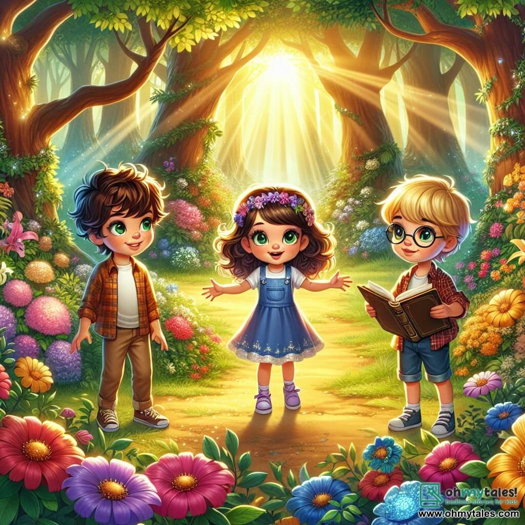 In a sunny clearing, three children stand together, surrounded by colorful flowers and majestic trees. Oliver, a 10-year-old boy with messy brown hair and sparkling green eyes, is on the left, enthusiastically pointing at a mysterious path leading into the forest. Mia, a 9-year-old girl with large brown curls and round glasses, is in the center, her eyes wide with wonder, holding an open book as if sharing a magical story. Leo, a 10-year-old boy with blonde hair and a bright smile, is on the right, arms crossed, showing a determined expression, ready to venture into the forest. The enchanted clearing is bathed in golden light, with sun rays filtering through the leaves, creating dancing patterns on the ground. Multicolored flowers with bright petals surround the children, while a gentle breeze rustles the leaves, adding a touch of magic to the atmosphere. The main scene shows the children preparing to enter the mysterious forest, their faces full of excitement and apprehension, standing before an ancient stone arch covered in vines, ready to discover the secrets of the forest and ask questions to the great Tree of Wisdom.