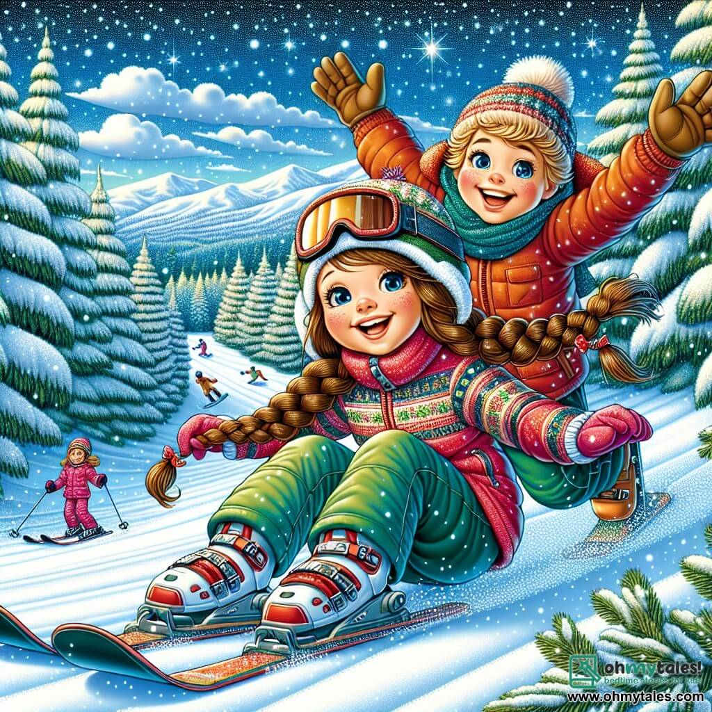 An 11-year-old girl with long braided brown hair and rosy cheeks smiles in wonder as she slides down a snowy slope, dressed in a colorful ski suit and a woolen hat. Next to her, a 12-year-old boy with messy blonde hair and a red jacket encourages her by raising his arms, his face lit up by a big smile. In the background, a forest of majestic snow-covered fir trees stretches under a clear blue sky dotted with fluffy clouds. The scene depicts a joyful ski day at Winter Haven, where children are having fun racing down the snowy slopes, filled with laughter and excitement.