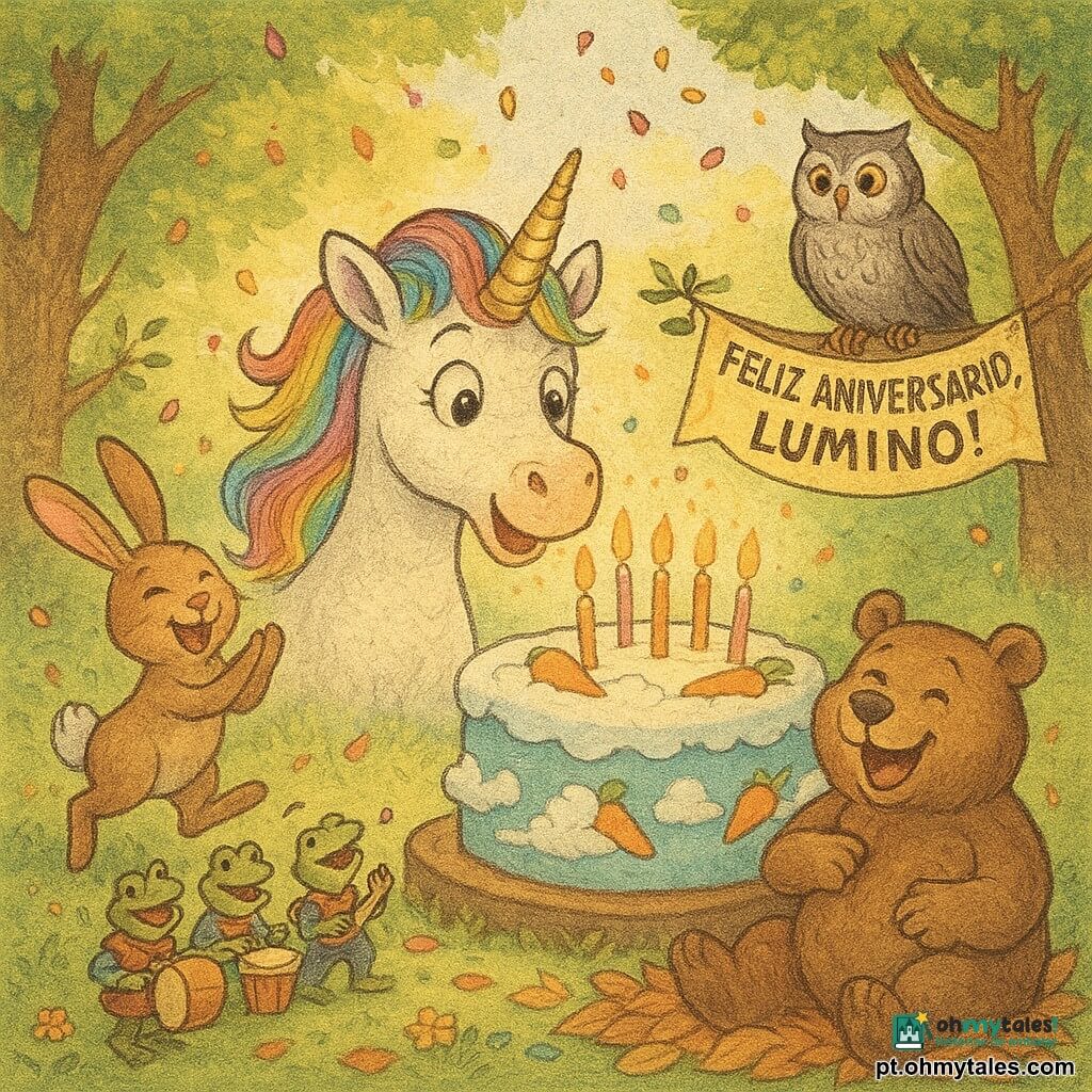 O personagem principal é um unicórnio idoso chamado Lumino, com expressão alegre, crina multicolorida brilhante, pelo branco nacarado e olhos doces, inclinado para soprar as velas de um bolo enorme; à esquerda um coelho Pulo de orelhas rosadas e pelo caramelo aplaude saltitando, à direita uma coruja sábia Sabi de olhos âmbar segura uma faixa cintilante "Feliz Aniversário, Lumino!" e observa com orgulho, ao primeiro plano um urso afetuoso Balu de pelagem marrom ri sentado numa pilha de folhas, e ao fundo um grupo de 3–4 sapos músicos em trajes coloridos toca tambores e flautas; a clareira em semicírculo, cercada de árvores e flores, banhada por raios de sol e partículas luminosas, mostra um momento festivo: Lumino soprando as velas de um bolo decorado com nuvens e cenouras, amigos aplaudindo e dançando, com confetes e pétalas caindo suavemente.