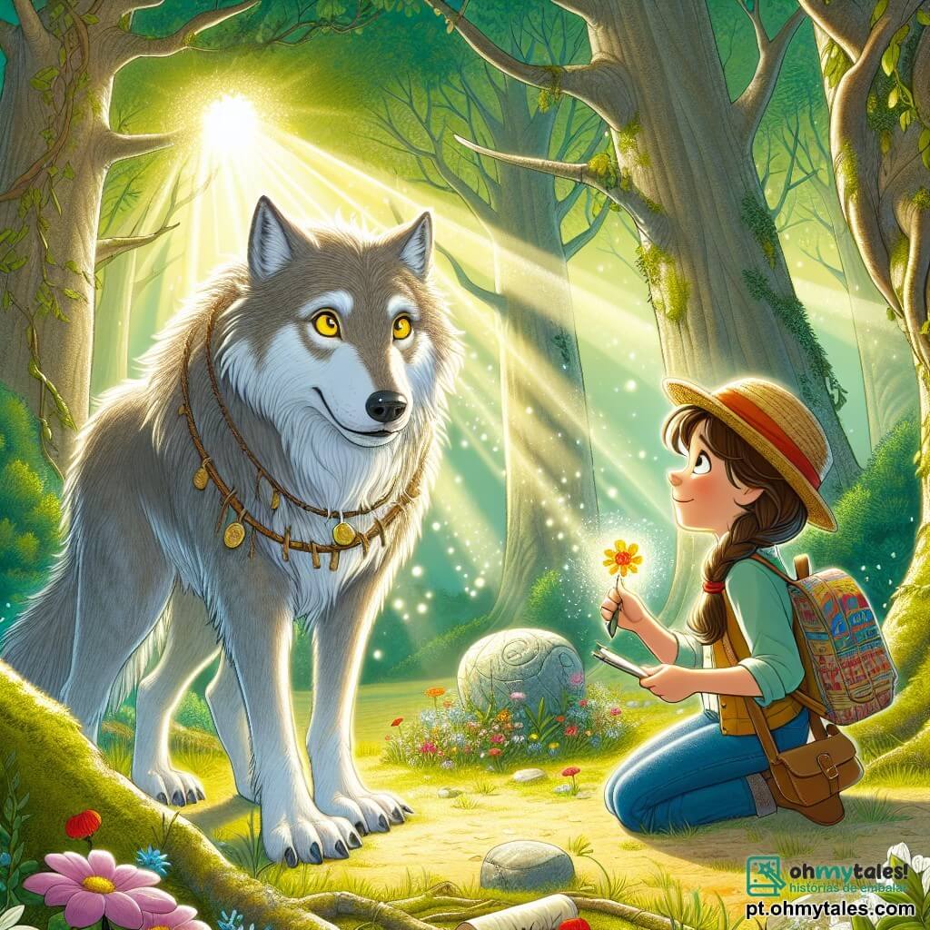 Um lobisomem majestoso, com pelos prateados brilhando sob a luz do sol, está no centro da cena. Seus olhos amarelos brilham de excitação e curiosidade enquanto observa uma menina, Clara, de cerca de 10 anos. Clara, com seus cabelos castanhos presos em uma trança, usa um chapéu de palha e uma pequena mochila colorida. Ela está ajoelhada perto de uma flor mágica, com o rosto iluminado pela descoberta, enquanto esboça desenhos em seu caderno. O cenário é uma floresta encantada, onde grandes árvores de troncos retorcidos se erguem em direção ao céu, suas folhas criando um jogo de luz e sombra no chão coberto de flores coloridas. Raios de sol penetram através da folhagem, iluminando pedras antigas cobertas de musgo. A situação principal mostra Clara e o lobisomem, Luno, explorando as ruínas esquecidas de uma civilização antiga, com Clara descobrindo um amuleto brilhante que parece emitir uma suave luz, simbolizando magia e descoberta.