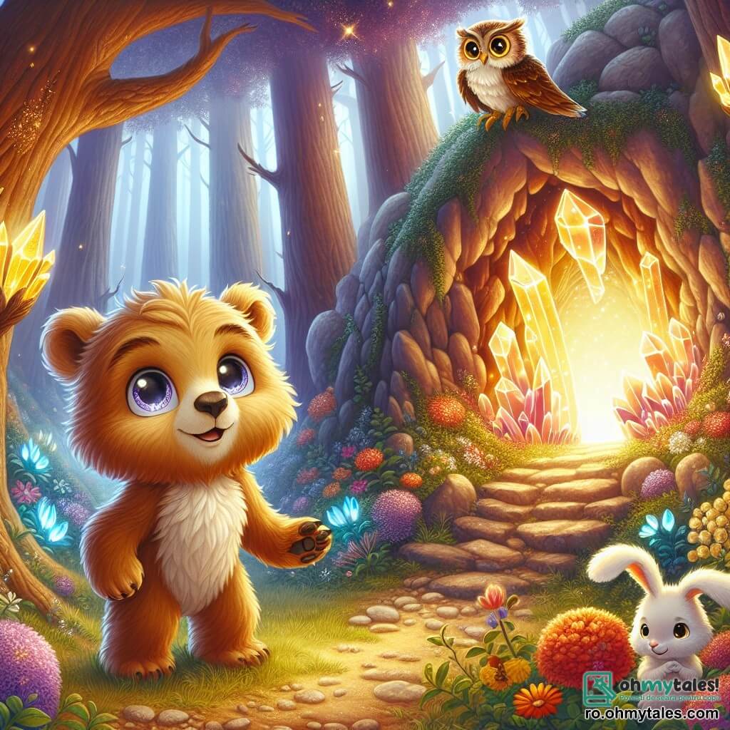 Un ursuleț drăguț pe nume Bruno, cu blană aurie și ochi strălucitori de curiozitate, stă în fața unei peșteri minunate și strălucitoare, cu fața exprimând atât uimire, cât și hotărâre. Lângă el, o bufniță înțeleaptă cu pene aurii, așezată pe o ramură, îl observă atent pe Bruno, pregătită să-i ofere sfaturi. În fundal, un iepuraș alb cu urechi mari, cu un aer jucăuș, se apropie sărind, adăugând o notă de bucurie scenei. Decorul este o pădure fermecată, cu copaci măreți, flori colorate și cristale strălucitoare care luminează interiorul peșterii. Bruno, pregătit să intre în peștera misterioasă, stă pe prag, gata să descopere comorile de înțelepciune care îl așteaptă în interior.