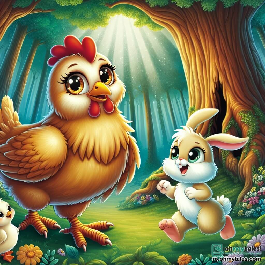 O găină pe nume Măriuca, cu pene aurii și ochi strălucitori de curiozitate, stă în centrul scenei, cu ciocul ușor deschis, arătându-și entuziasmul pentru aventură. Lângă ea, un iepuraș pe nume Răzvan, cu urechi mari și blană maronie, sare vesel, cu un zâmbet strălucitor pe față. Puțin mai departe, o rață pe nume Lenuța, cu pene albe și o expresie îngrijorată, îi observă pe găină și iepure, cu labele pregătite să-i urmeze. Decorul este o pădure fermecată, cu copaci majestuoși și frunze verzi, iar flori colorate presară solul, creând o atmosferă magică. În fundal, un stejar bătrân, cu o deschidere largă în trunchi, pare să șoptească secrete prietenilor. Situația principală îi arată pe Măriuca, Răzvan și Lenuța, pregătiți să exploreze pădurea în căutarea unui comoară misterioasă, cu fețele iluminate de entuziasm și prietenie, în timp ce un rază blândă de soare filtrează printre crengi, adăugând o notă de magie aventurii lor.