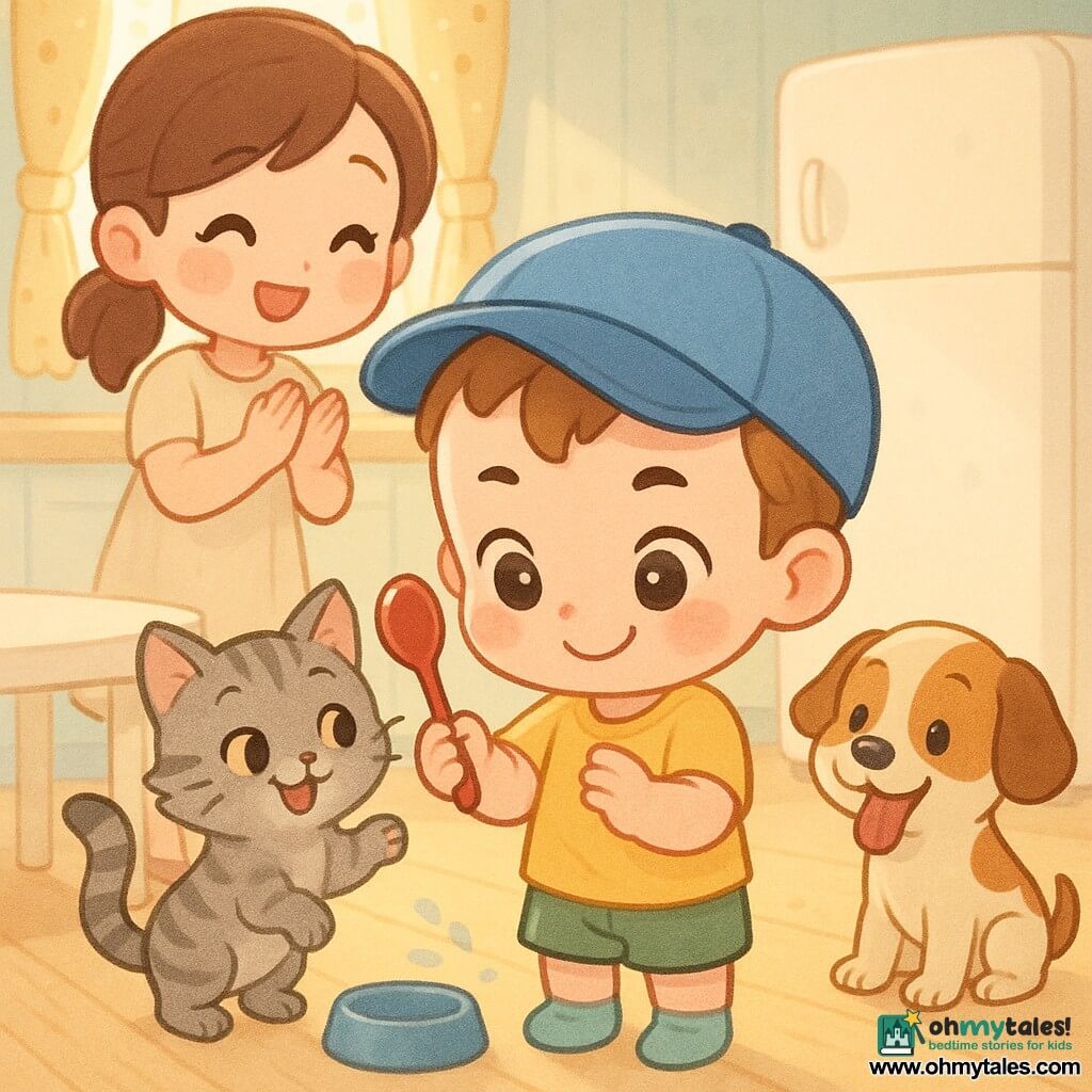 A 2-year-old boy with a round face and rosy cheeks holds a small shiny red spoon, wearing an oversized blue cap, yellow short-sleeve t-shirt and green shorts, smiling shyly at the spoon; his mother (about 30, brown hair in a ponytail, soft eyes, pale simple dress) stands behind him on the left clapping warmly; a gray tabby cat named Nini is on its hind legs, muzzle open as if it just dropped the spoon, fur soft and mischievous; a brown spotted dog named Bongo sits by a blue bowl with its tongue out, looking joyfully at the boy; the scene is a tender, quiet moment of Milo reclaiming the spoon in a bright pastel kitchen with light wood floor, white low table, white fridge and a small trail of drawn water drops on the floor, morning light through a polka-dot curtain, rendered in chibi kawaii style with rounded features, vivid pastel colors, smooth textures, centered composition and exaggerated adorable expressions.
