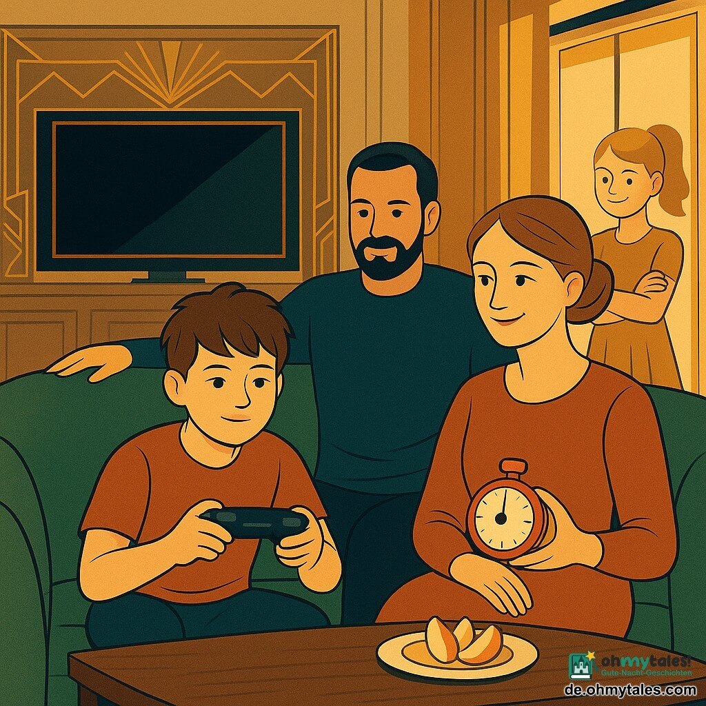 Ein etwa 12-jähriger Junge mit rundem Gesicht und zerzausten braunen Haaren, konzentriert und gelassen, drückt die Pause-Taste an einem schwarzen Gamepad; die Mutter (ca. 35–40 Jahre) mit hellbraunen Haaren im Dutt lächelt fürsorglich und hält einen roten Timer neben einem Teller Apfelschnitze; der Vater (ca. 35–45 Jahre) mit kurzem Bart und ruhiger, stolzer Haltung sitzt neben dem Jungen und legt die Hand an die Sofalehne, er trägt einen marineblauen Pullover; die etwa 10-jährige Schwester mit blonden Pferdeschwanz und schelmischem Lächeln steht in der Tür mit verschränkten Armen; Ort: ein helles Wohnküchenzimmer im Art‑Déco‑Stil mit grünem Samtsofa, dunklem Holztisch, großer TV‑Leinwand mit goldenen geometrischen Ornamenten und senffarbenen Vorhängen, warme Lichtstimmung; Szene: der Junge pausiert, der Timer piept leise, die Familie sieht ihn stolz und liebevoll an, zentrale Komposition, warme Farben und grafische Kontraste im Art‑Déco‑Stil.