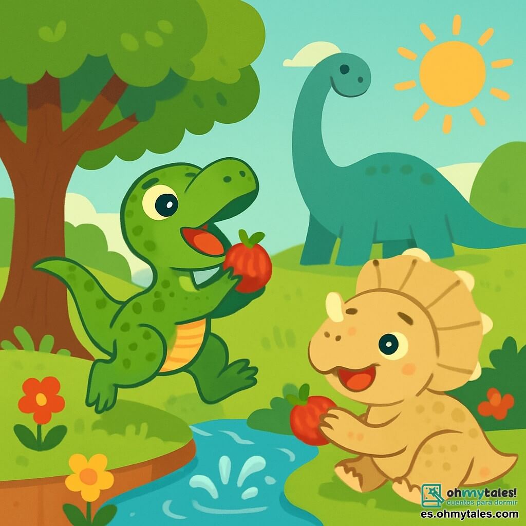 Un pequeño velociraptor llamado Dino, con escamas verdes brillantes y ojos chispeantes de alegría, salta felizmente cerca de un árbol. A su lado, un bebé triceratops llamado Tino, con piel beige y cuernos suaves, mira con una gran sonrisa. Están al borde de un arroyo brillante, donde el agua salpica alegremente. Flores coloridas rodean el lugar, añadiendo toques de rojo y amarillo. La escena principal muestra a Dino y Tino compartiendo jugosas frutas rojas, riendo juntos bajo el sol radiante, mientras un diplodocus amistoso, grande y suave, se encuentra en el fondo, disfrutando de la sombra de un gran árbol.