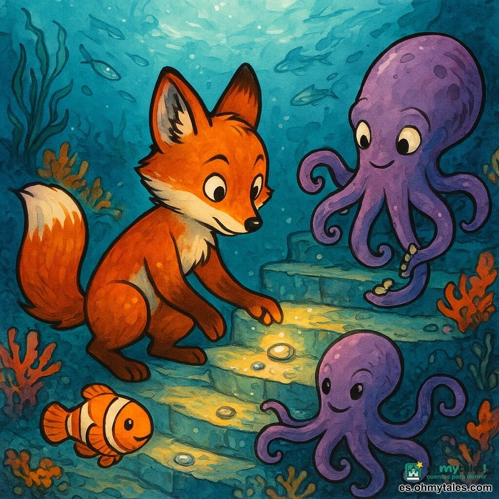 Un zorro antropomorfo rojizo de ojos curiosos, arrodillado en un peldaño de una escalera espiral submarina, coloca guijarros brillantes; un pez payaso naranja y blanco nada junto a él iluminando la escena y señalando dónde poner las piedras; un pulpo púrpura de mirada traviesa ayuda sosteniendo guijarros y estabilizando un peldaño detrás; la escalera de piedra descendente, cubierta de coral colorido y algas ondeantes, con bancos de peces y rayos de luz desde la superficie, revela progresivamente la "Escalera de las Mareas": cada guijarro enciende un peldaño y la espiral emerge en un brillo nacarado, atmósfera mágica y acuática centrada en la cooperación de los tres.