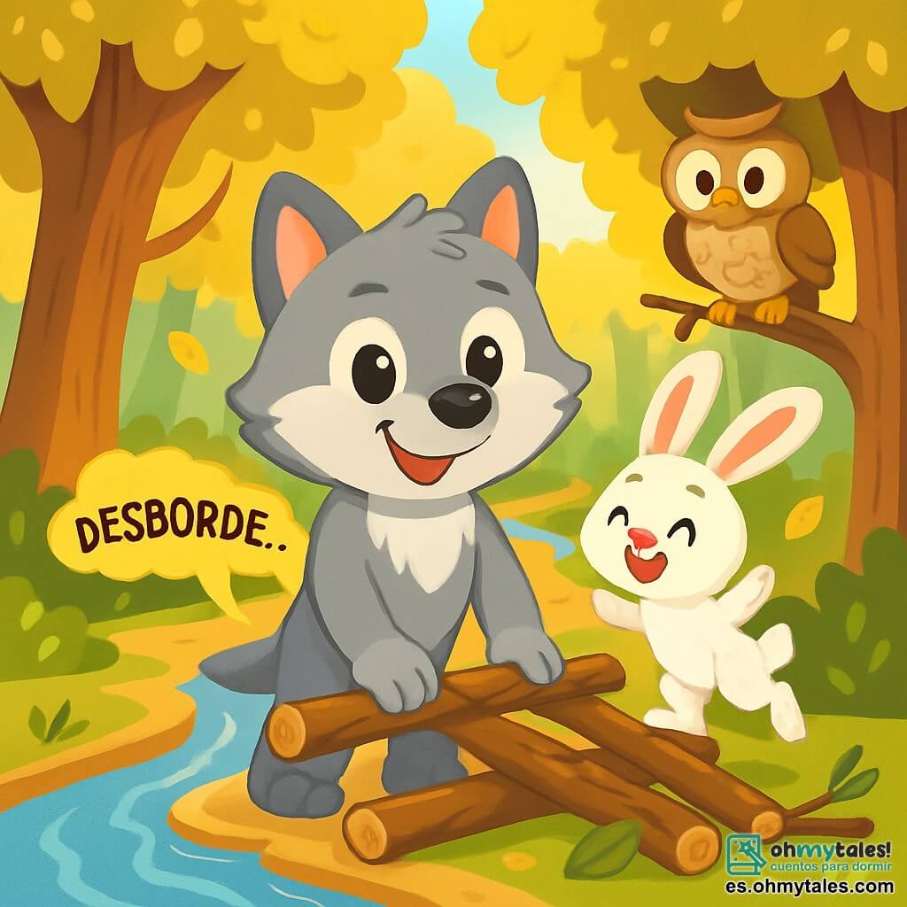 Un lobo de pelaje suave y plateado, con grandes ojos brillantes y una sonrisa cálida, se encuentra en el centro de la escena, mirando con determinación y alegría. A su derecha, un pequeño conejo de grandes orejas y pelaje blanco, con ojos chispeantes de emoción, salta alegremente, mientras que a su izquierda, un búho sabio de plumas marrones y ojos redondos observa atentamente, posado en una rama. El lugar es un hermoso bosque encantado, con árboles de troncos gruesos y hojas doradas que caen suavemente, iluminadas por la luz del sol que filtra a través del follaje. Al fondo, un arroyo brillante comienza a desbordarse, creando ligeras ondulaciones en el agua. La situación principal muestra al lobo y sus amigos construyendo un puente de madera con ramas y hojas, unidos en un esfuerzo alegre para superar el peligro de la inminente inundación, con rostros radiantes de determinación y amistad.
