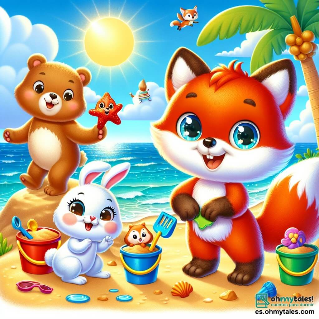Un pequeño zorro rojo con ojos brillantes y una sonrisa alegre está en una playa soleada, construyendo un castillo de arena con cubos y palas de colores. A su lado, un adorable conejo blanco con grandes orejas y una cara curiosa observa, con los ojos muy abiertos de sorpresa, sosteniendo una pequeña estrella de mar con sus patas. Un oso marrón, robusto y amistoso, está un poco más lejos, riendo y moviendo los brazos en el aire, mientras una ardilla rápida, con una cola esponjosa y ojos traviesos, trepa por una palmera, lista para saltar hacia la playa. El cielo es de un azul brillante, salpicado de nubes blancas y esponjosas, y las olas del mar brillan bajo el sol dorado. Los amigos se divierten juntos, creando recuerdos alegres de un perfecto día de verano.