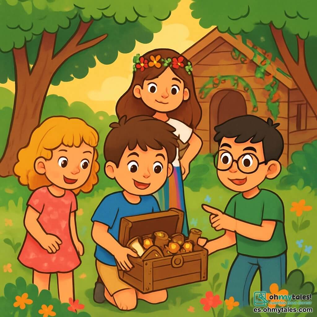 Hay 4 niños: - Martín: un chico de 10 años, con cabello castaño desordenado y ojos llenos de curiosidad. Lleva una camiseta azul y un pantalón corto beige. Está en el centro, sosteniendo una caja antigua. - Elena: una niña de 9 años, con cabello rizado y dorado, que lleva un vestido rosa con flores. Está a la izquierda de Martín, mirando la caja con asombro. - Lucas: un chico de 10 años, con cabello negro y gafas redondas. Lleva una camiseta verde y jeans. Está a la derecha de Martín, sonriendo y señalando la caja. - Sofía: una niña de 9 años, con cabello castaño y una corona de flores en la cabeza. Lleva una blusa blanca y un pantalón colorido. Está detrás de Martín, con las manos en las caderas, lista para explorar. El lugar es un jardín de una casa antigua, rodeado de grandes árboles con hojas verdes brillantes. El suelo está cubierto de flores coloridas y una suave luz del sol filtra a través de las ramas, creando una atmósfera mágica y cálida. En el fondo, se ve una pequeña cabaña de madera, adornada con lianas florecidas. La situación principal muestra a los niños descubriendo una caja misteriosa llena de objetos antiguos. Están todos fascinados por el contenido, con sus rostros iluminados por la emoción y la curiosidad, listos para vivir una aventura inolvidable.