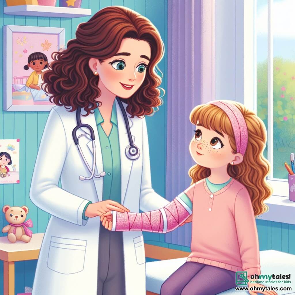 Dr. Emma Hart is a woman in her thirties with curly brown hair and sparkling kind eyes. She wears a spotless white coat, a stethoscope around her neck, and has a warm smile as she examines a little girl. Sophie, a nine-year-old girl with blonde hair and freckles, sits on an examination table with her arm in a pretty pink cast, looking at Dr. Hart with admiration and curiosity. The setting is a bright clinic with pastel blue walls, children's drawings on the walls, and colorful toys scattered on the floor. A window lets in sunlight, creating a welcoming and cheerful atmosphere. The main scene shows Dr. Hart explaining to Sophie how to care for her injured arm with gentle and encouraging gestures, while Sophie listens attentively, eager to learn and heal.