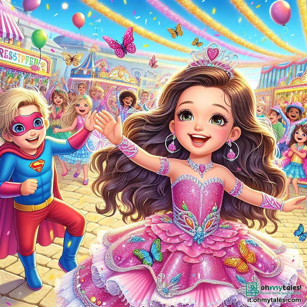 Una bambina di 6 anni, Lila, con lunghi capelli castani e occhi scintillanti, indossa un costume rosa brillante decorato con paillettes e piccole farfalle colorate che volano intorno a lei. Sorride meravigliata, ballando gioiosamente in mezzo alla folla del carnevale. Accanto a lei, un ragazzo di 7 anni di nome Marco, vestito con un costume da supereroe blu e rosso, con un mantello svolazzante, applaude e ride mentre balla. Ha i capelli biondi e occhi blu, e si tiene leggermente indietro, ma si piega in avanti per condividere la gioia di Lila. Lo sfondo è una piazza animata, piena di colori vivaci e decorazioni di carnevale: palloncini, festoni scintillanti e chioschi di dolci. Persone in costume ballano e ridono intorno a loro, creando un'atmosfera festosa. La scena principale mostra Lila e Marco, mano nella mano, che ballano insieme sotto un cielo blu, mentre un mago su un grande carro colorato lancia coriandoli in aria, aggiungendo magia al momento.